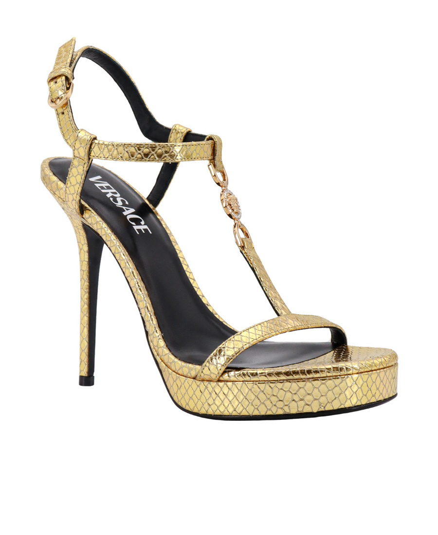 Versace Womens T-bar 95 Metallic-leather Heeled Sandals Gold In Nude
