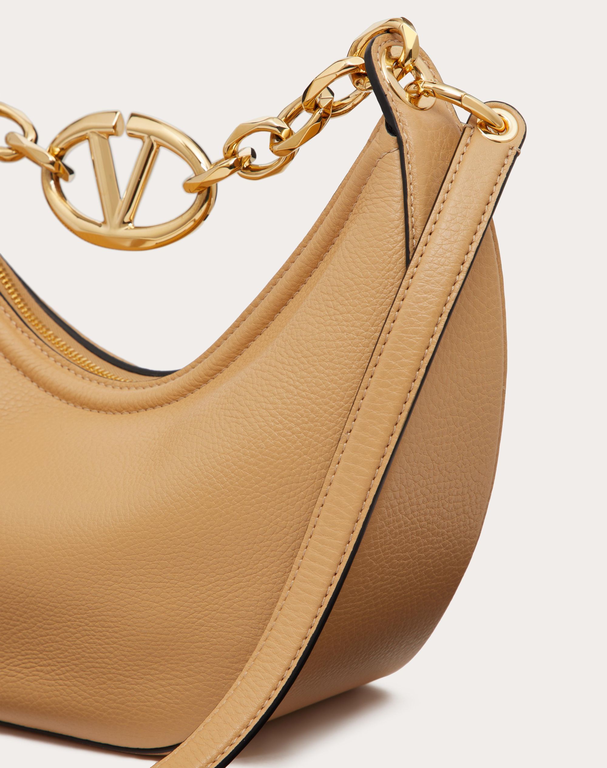 Shop Valentino Small Vlogo Moon Hobo Bag In Grainy Calfskin With Chain In Nude