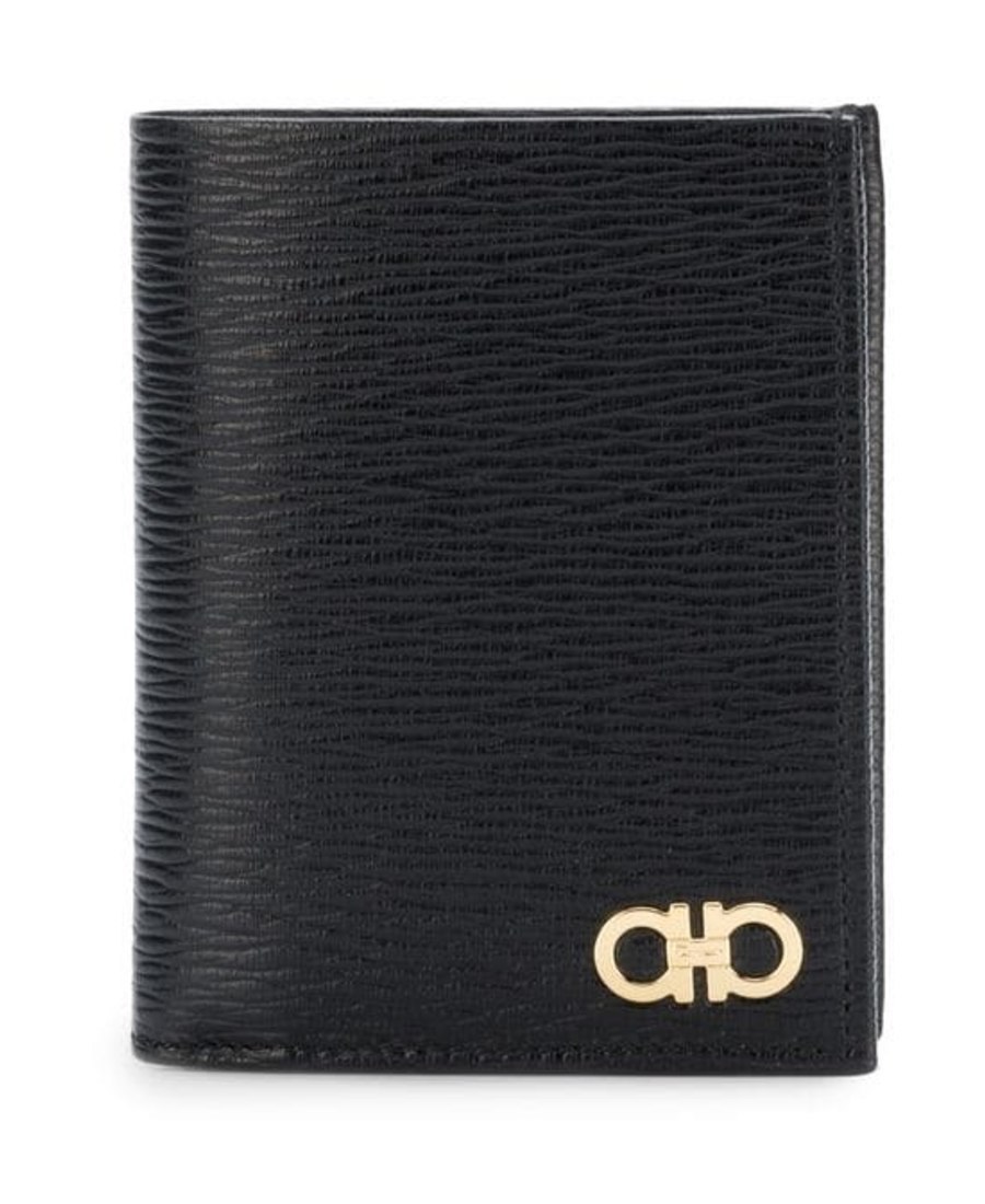 Ferragamo Black Cardholder With Gold-tone Gancini Logo In Calf Leather Man In Nude