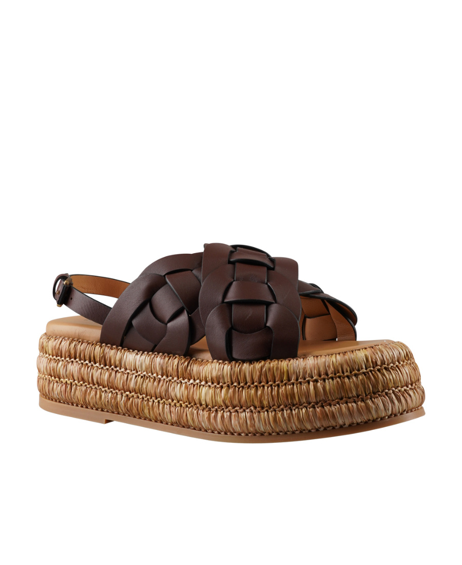 Tod's Brown Braided Leather Sandal With Raffia Bottom In Brown