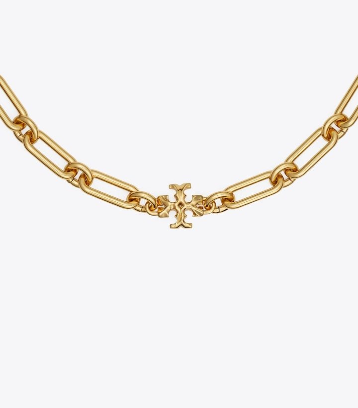Tory Burch Logo-plaque Chain-link Necklace In Yellow
