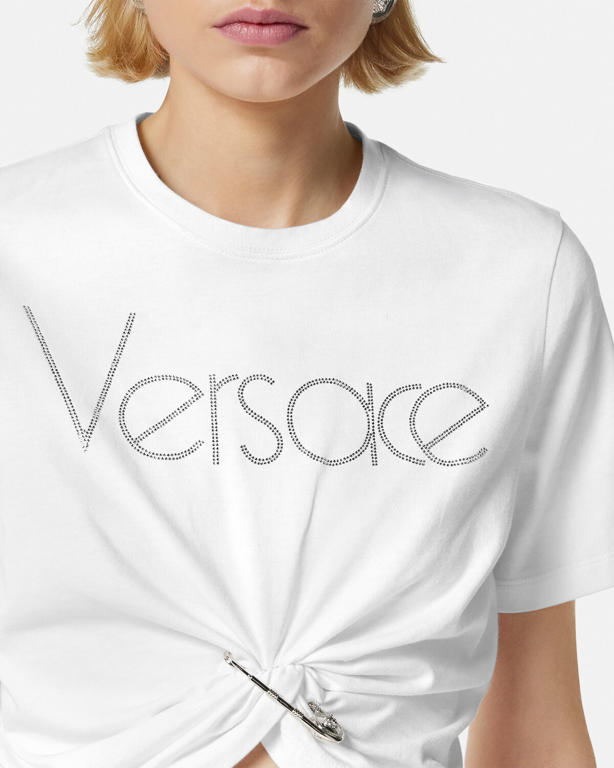 Versace Logo-embellished Cropped Cotton T-shirt In White
