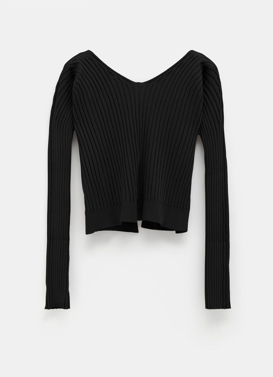 Jacquemus 'la Maille Pralu Longue' Black Ribbed Cardigan With Logo Charm Woman In Black