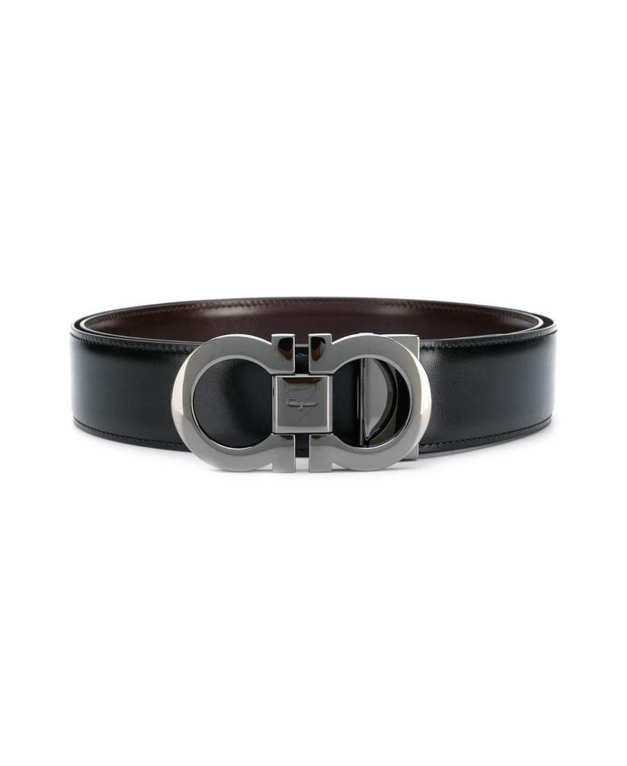 Ferragamo Black And Brown Reversible Belt With Gancini Detail In Smooth Leather Man In Black