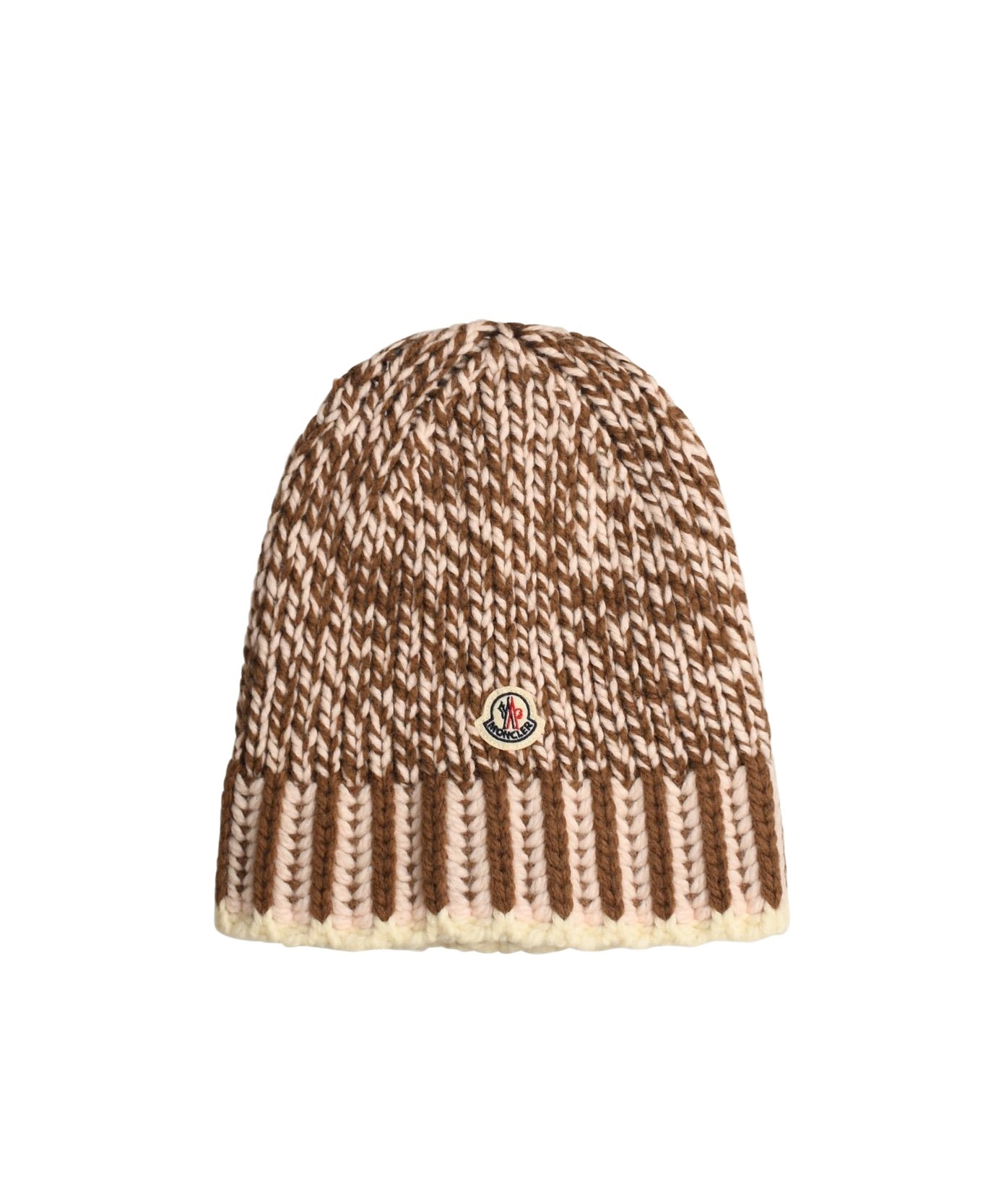 Moncler Logo Patch Knitted Beanie In Brown