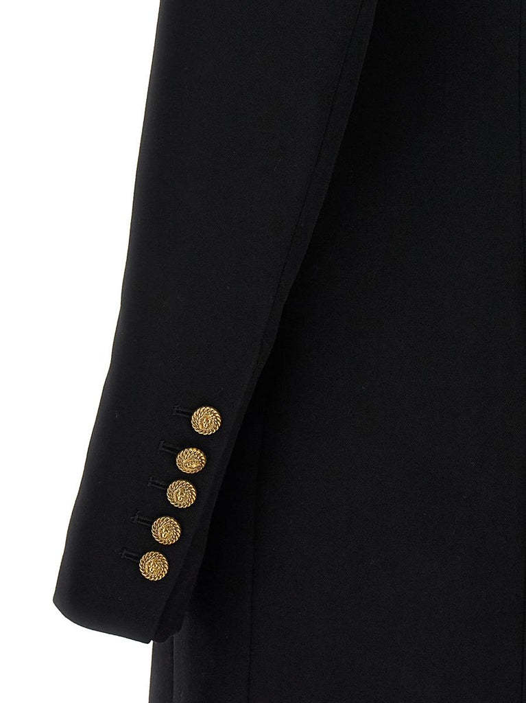 Balmain Long-sleeve Buttoned Grain De Poudre Short Dress In Black