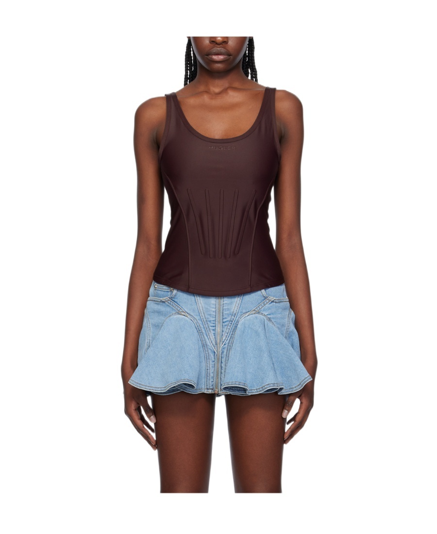 Mugler Burgundy Corseted Tank Top In Brown