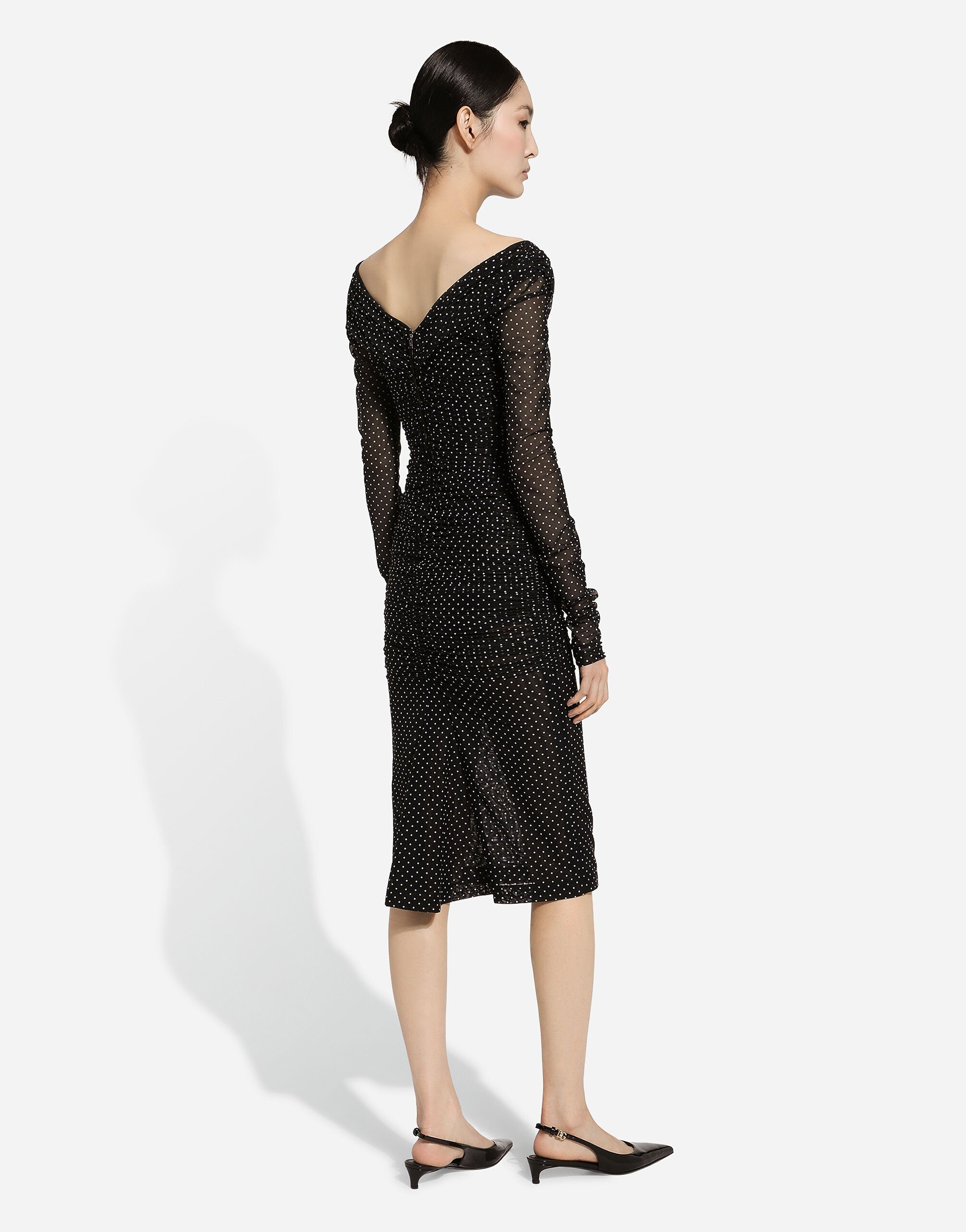 Dolce & Gabbana Tulle Calf-length Dress With Draping And Polka-dot Print In Black