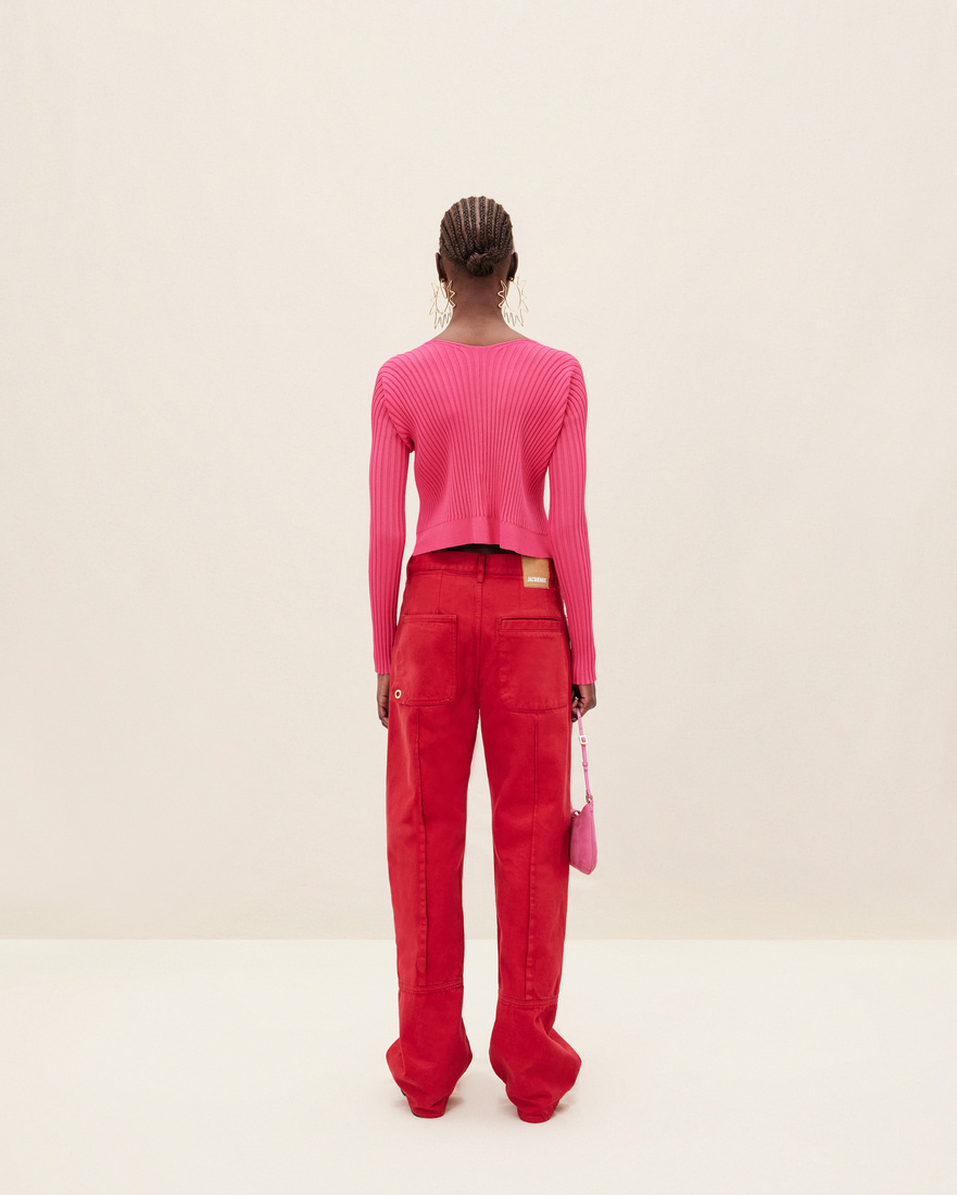 Jacquemus Pralù Cropped Embellished Ribbed-knit Cardigan In Pink