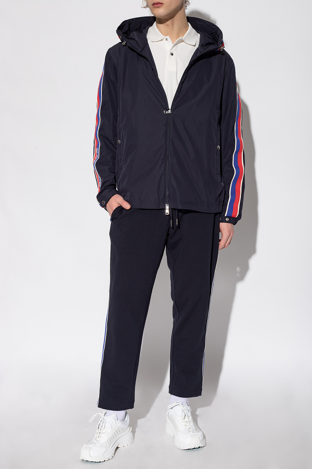 Moncler Stripe-detail Hooded Jacket In Blue