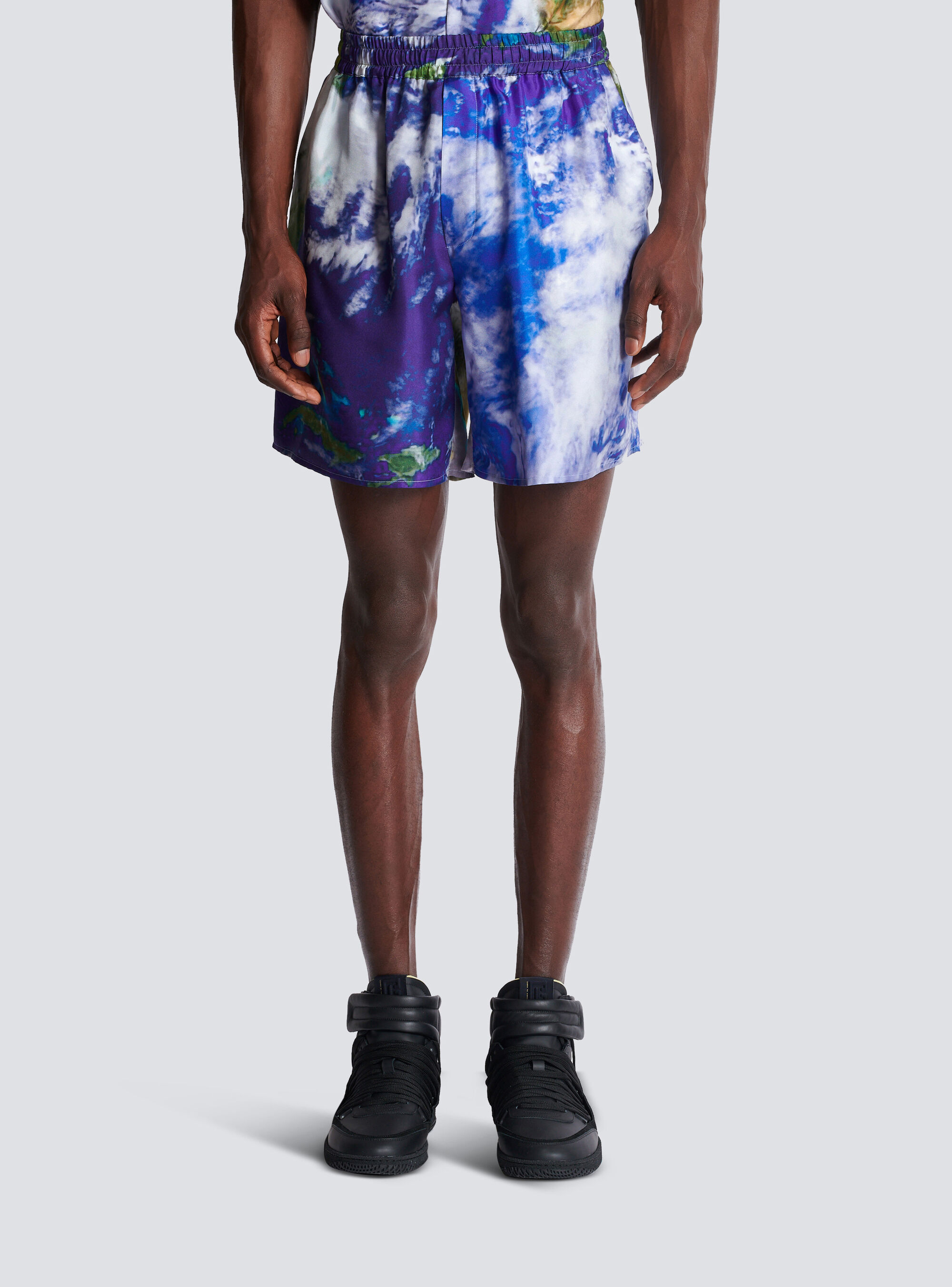 Shop Balmain Silk Shorts With Earth Print In Blue