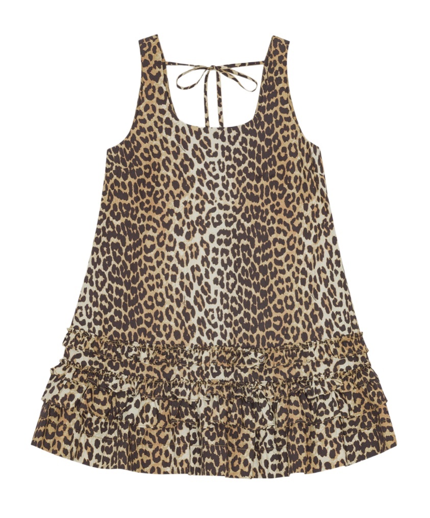Ganni Brown Leopard Cotton Poplin Mini Dress