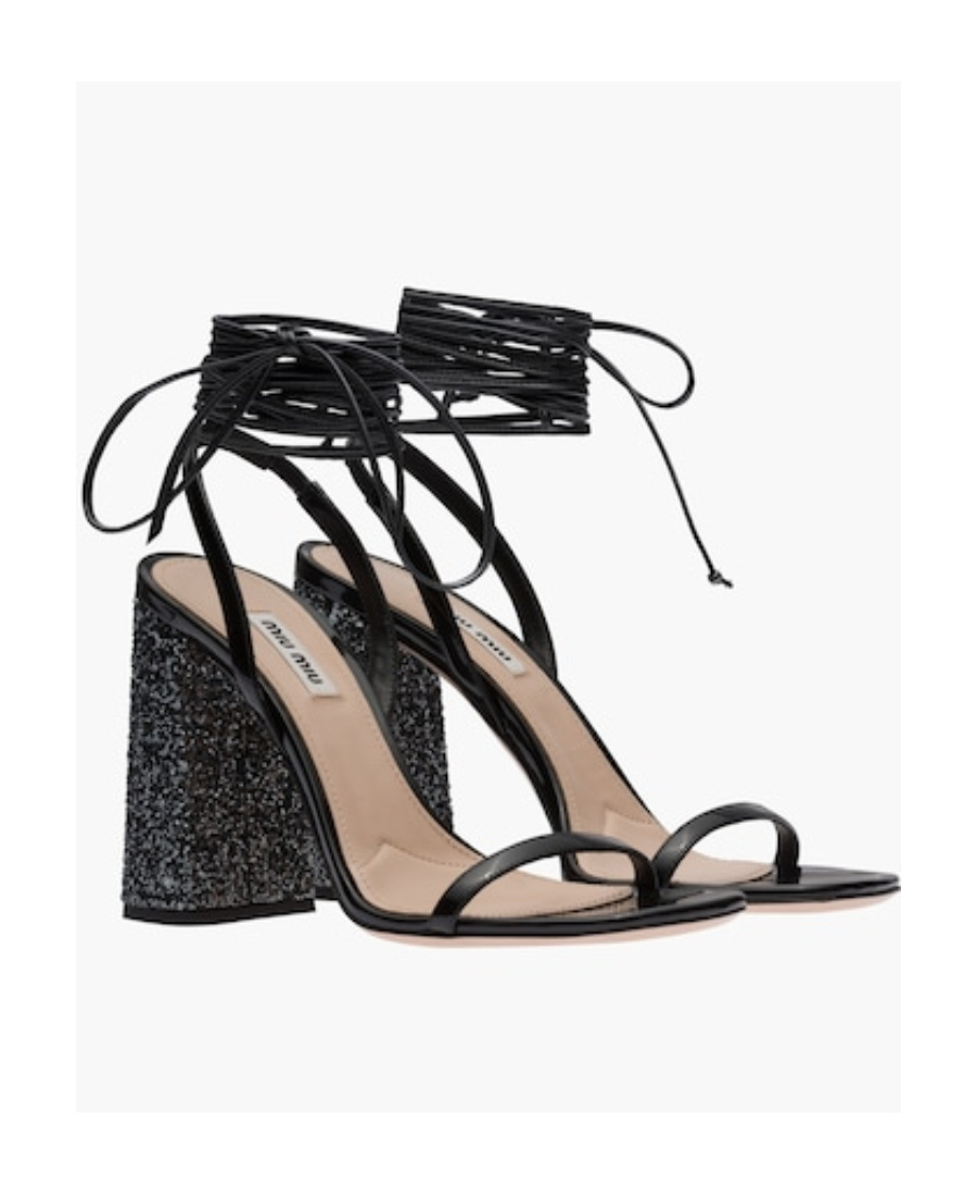 Miu Miu Glitter And Patent Leather Sandals In Black