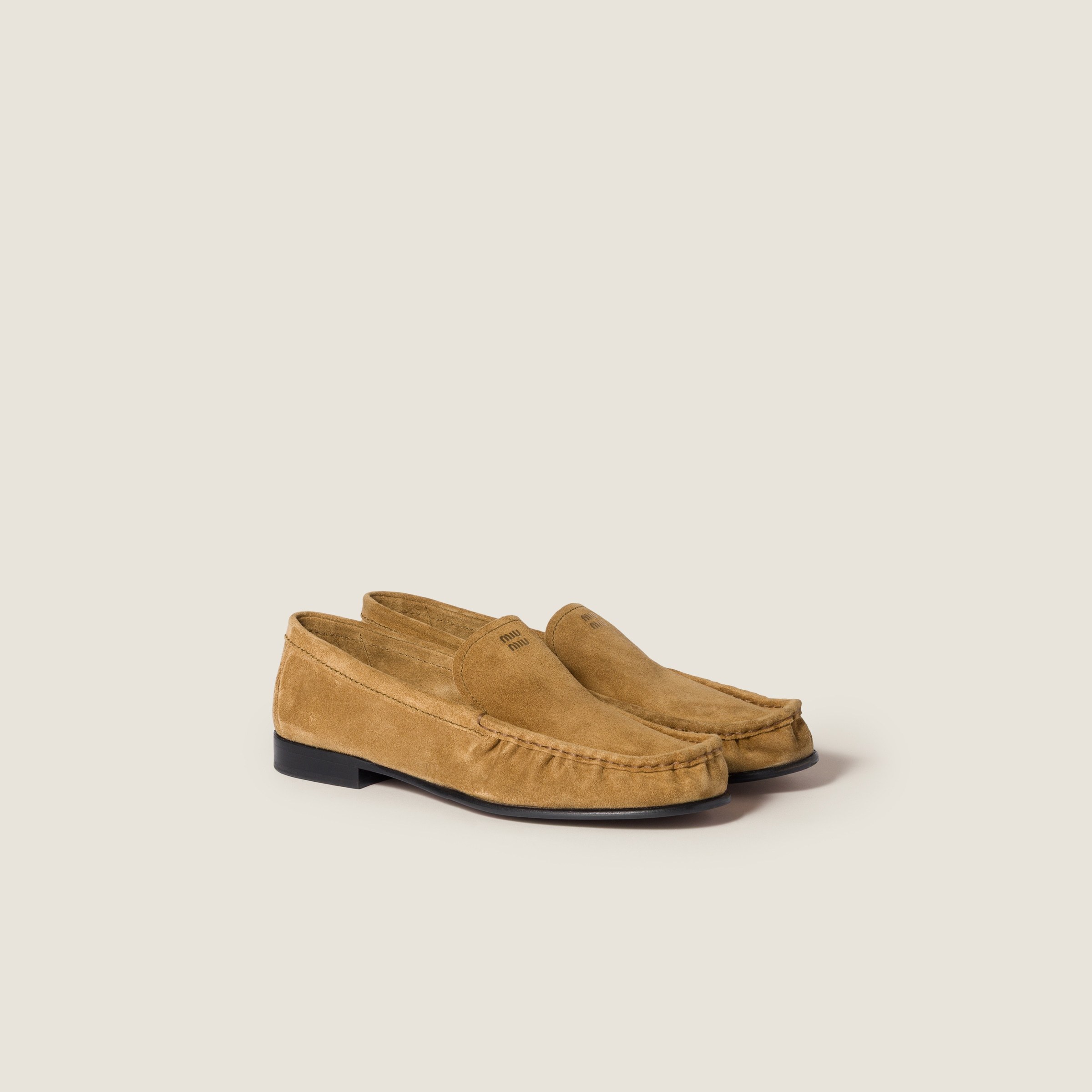 Miu Miu Embossed-logo Suede Loafers In Brown