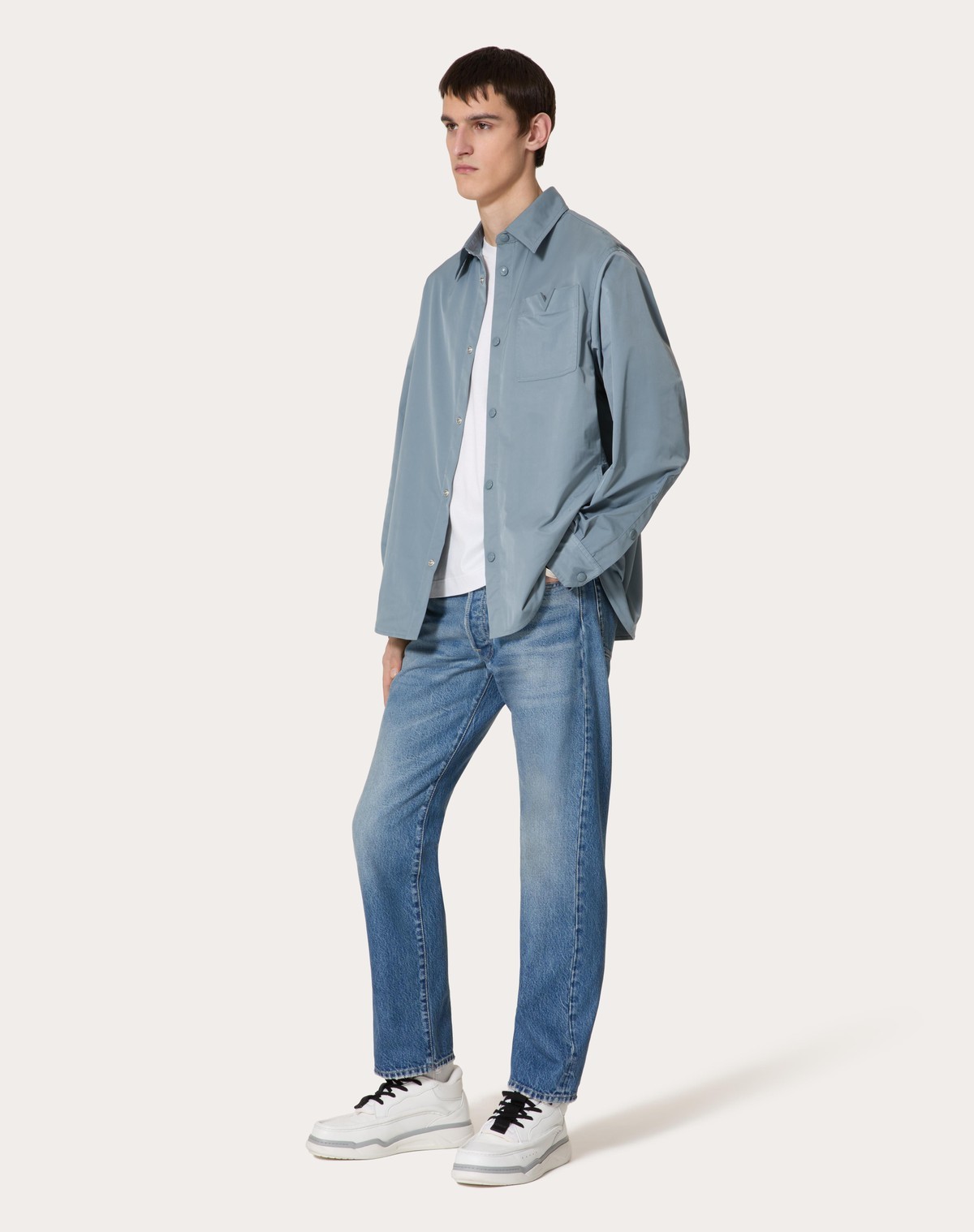 Valentino Nylon Shirt Jacket With Rubberised V Detail In Gray