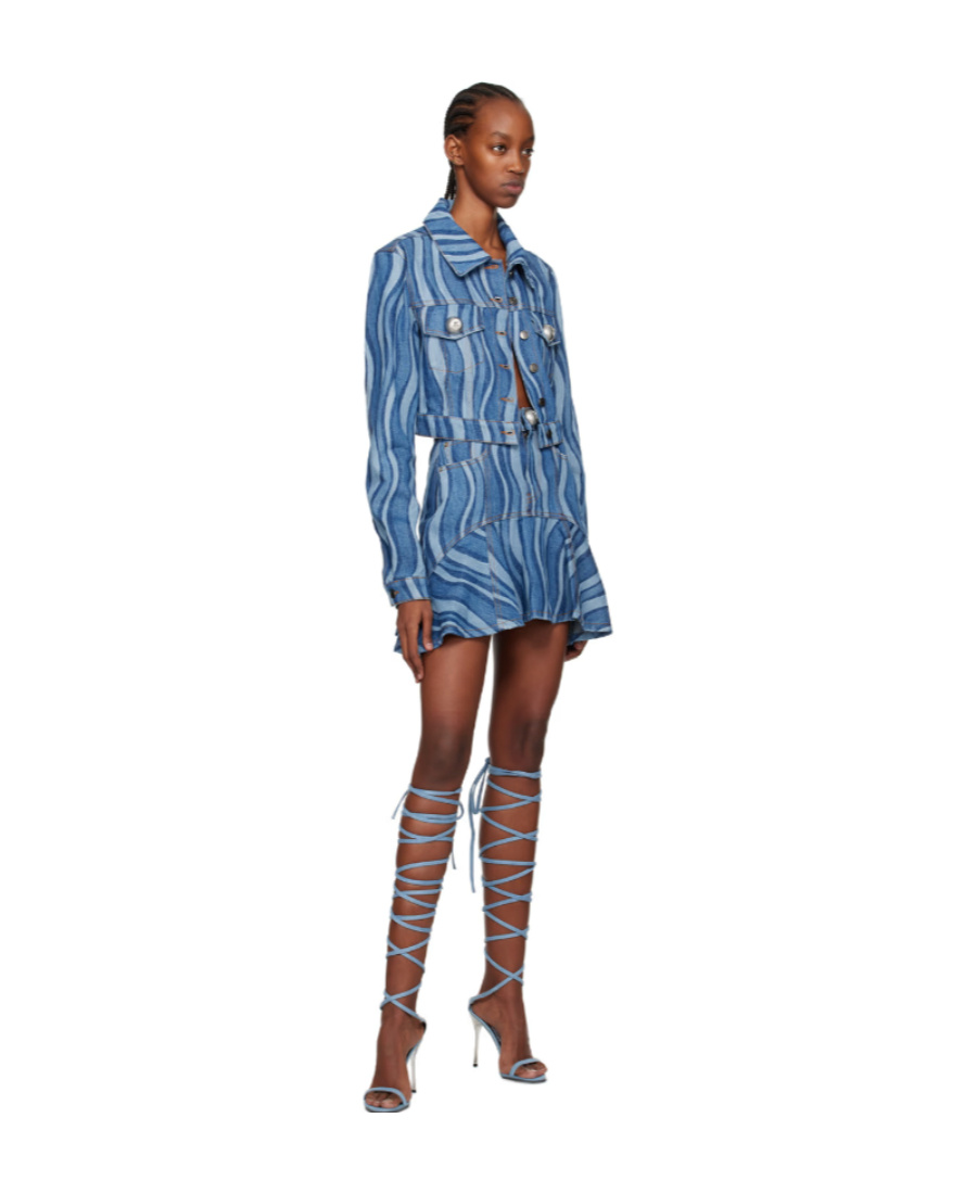 Area Sunray Denim Ruffle Mini Skirt In Blue