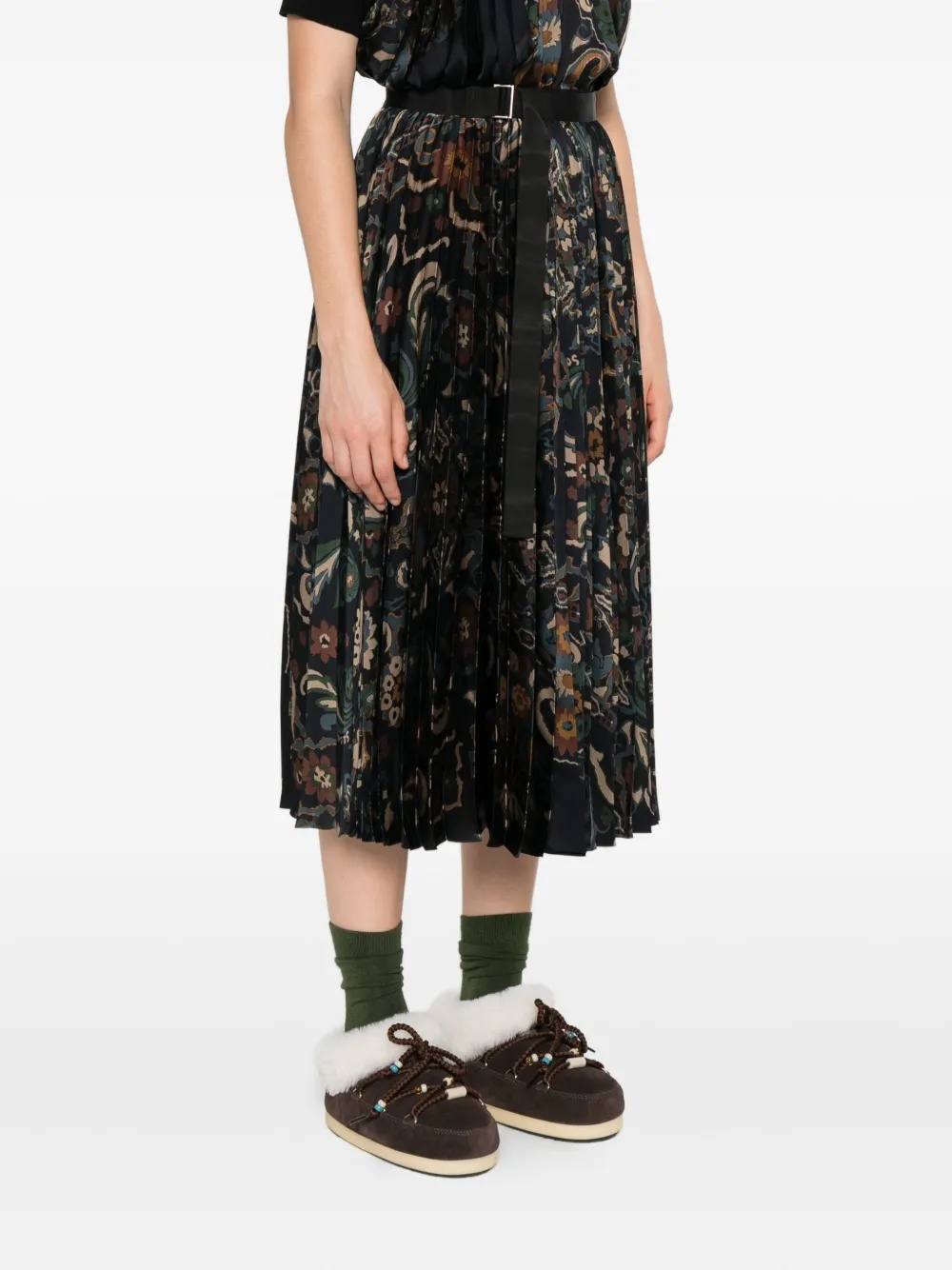 Sacai Floral Print Pleated Midi Skirt In Blue