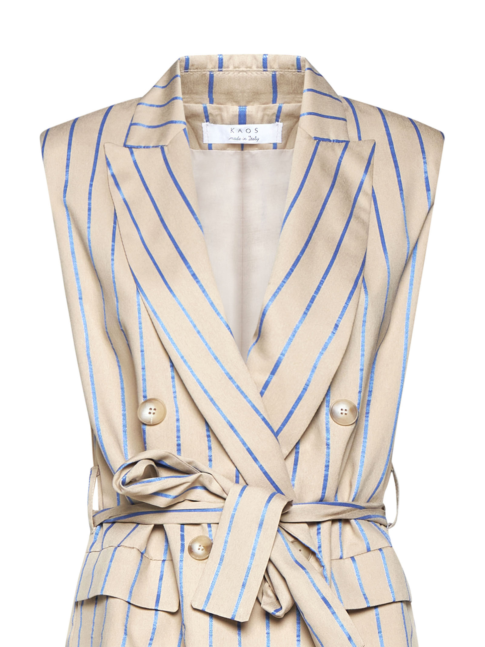 Kaos Long Double Breasted Sleeveless Striped Vest In Neutral