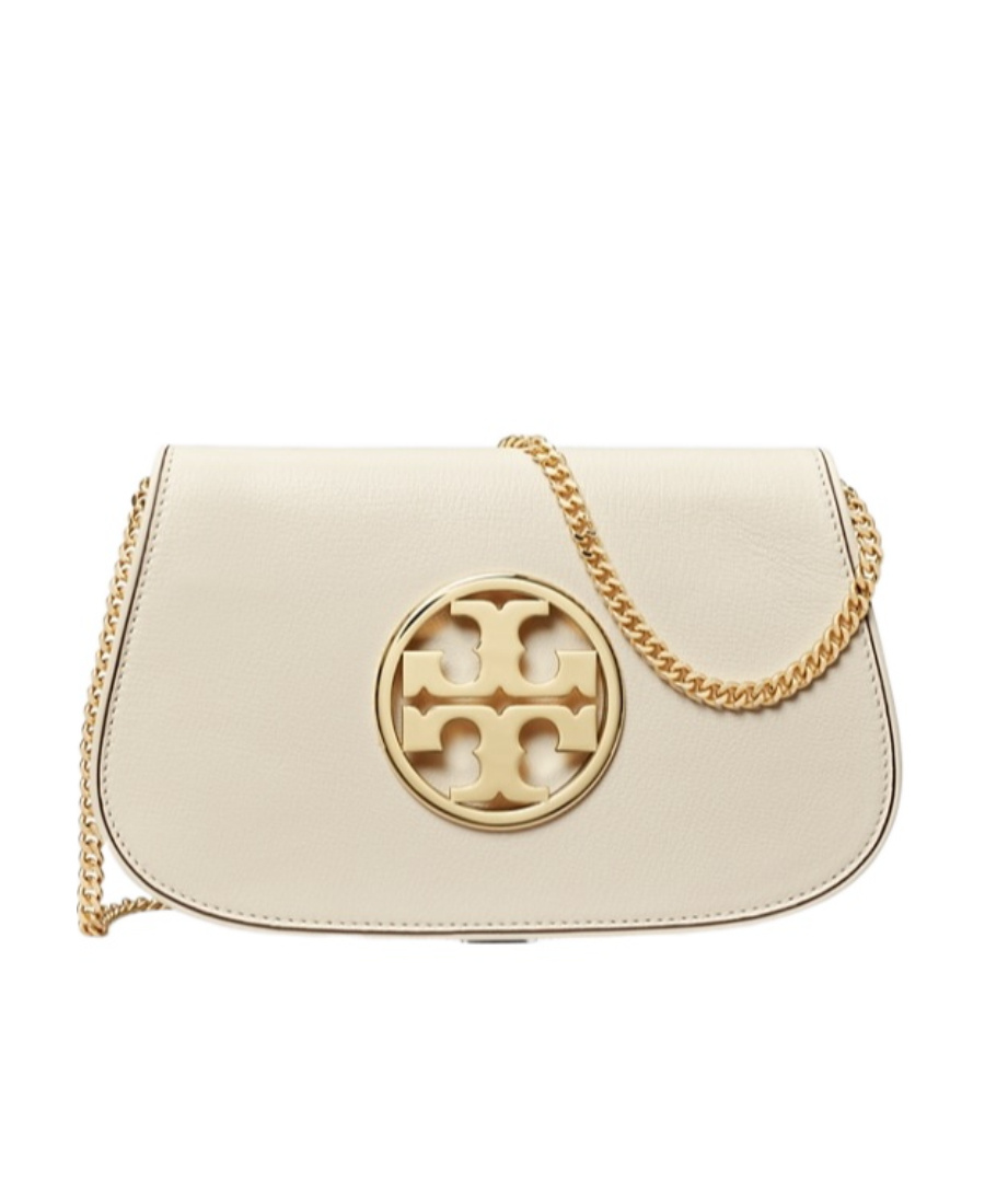 Tory Burch Reva Logo-plaque Clutch Bag In Nude