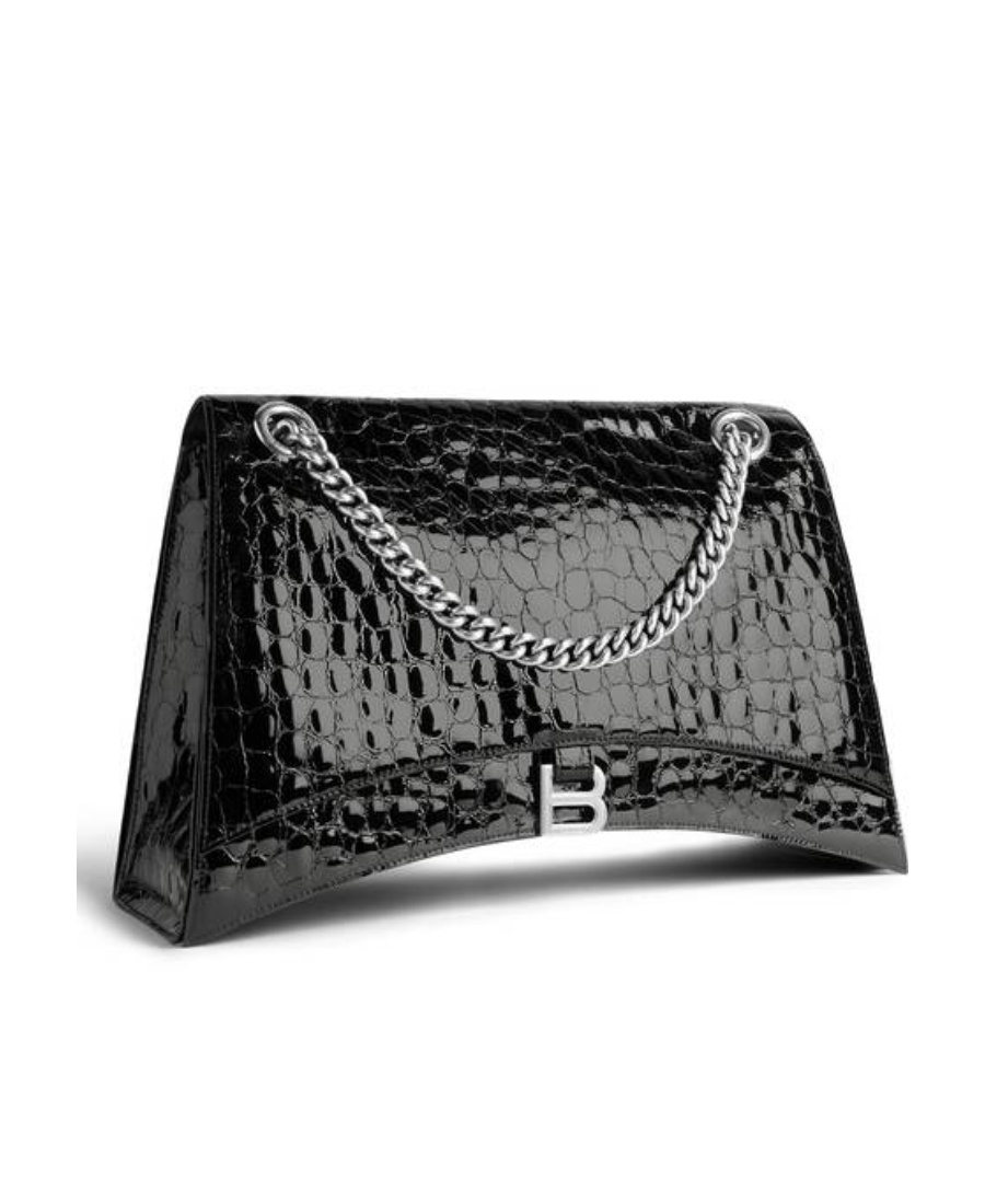 Balenciaga Crush Large Crocodile Embossed Chain Shoulder Bag In Black