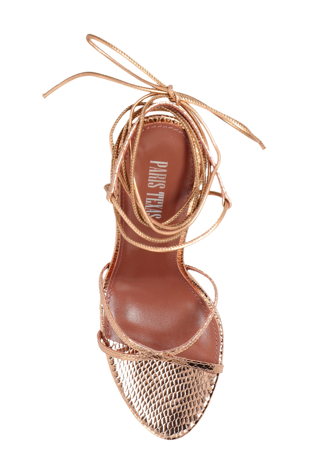 Paris Texas Lace-up Sandals In Rose Gold Metallic Python-print Leather In Gold