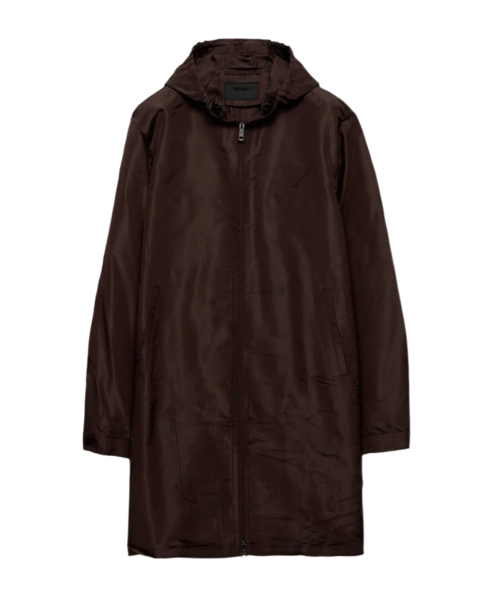 Prada Mid-thigh Brown Zip-up Coat With Hood And Subtle Branding In Black