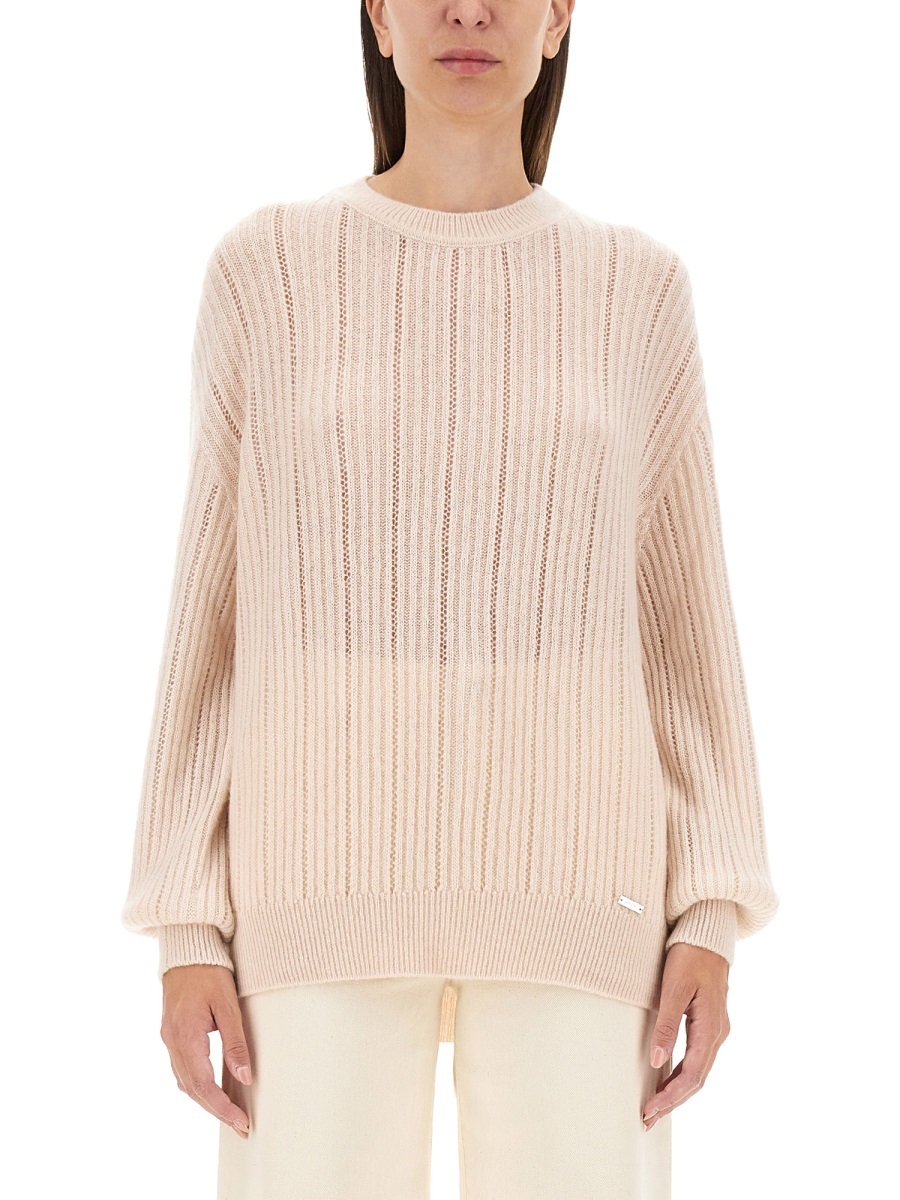 Kiton Cashmere-silk Lattice Knit Crewneck Sweater In Nude
