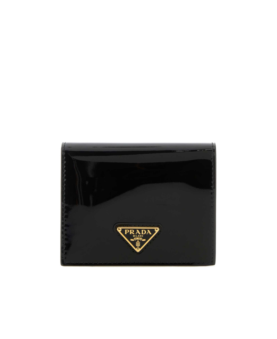 Prada Triangle Logo Patent Leather Wallet In Black