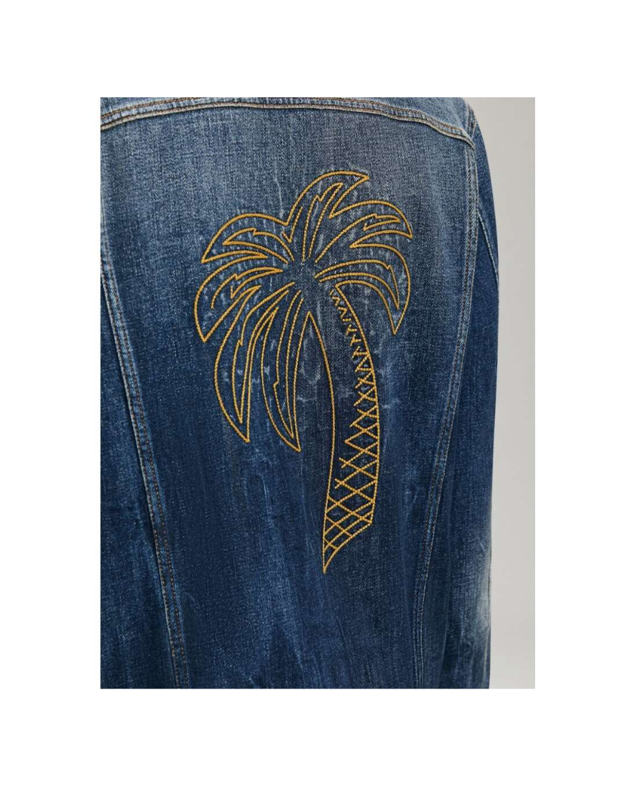 Palm Angels Embroidered Palm Tree Denim Jacket In Blue