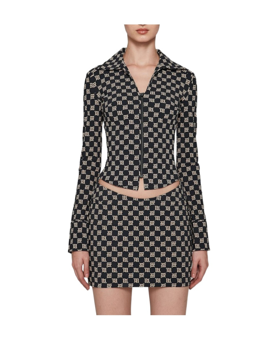 Misbhv Monogram Wide Collar Zip Up Shirt In Black