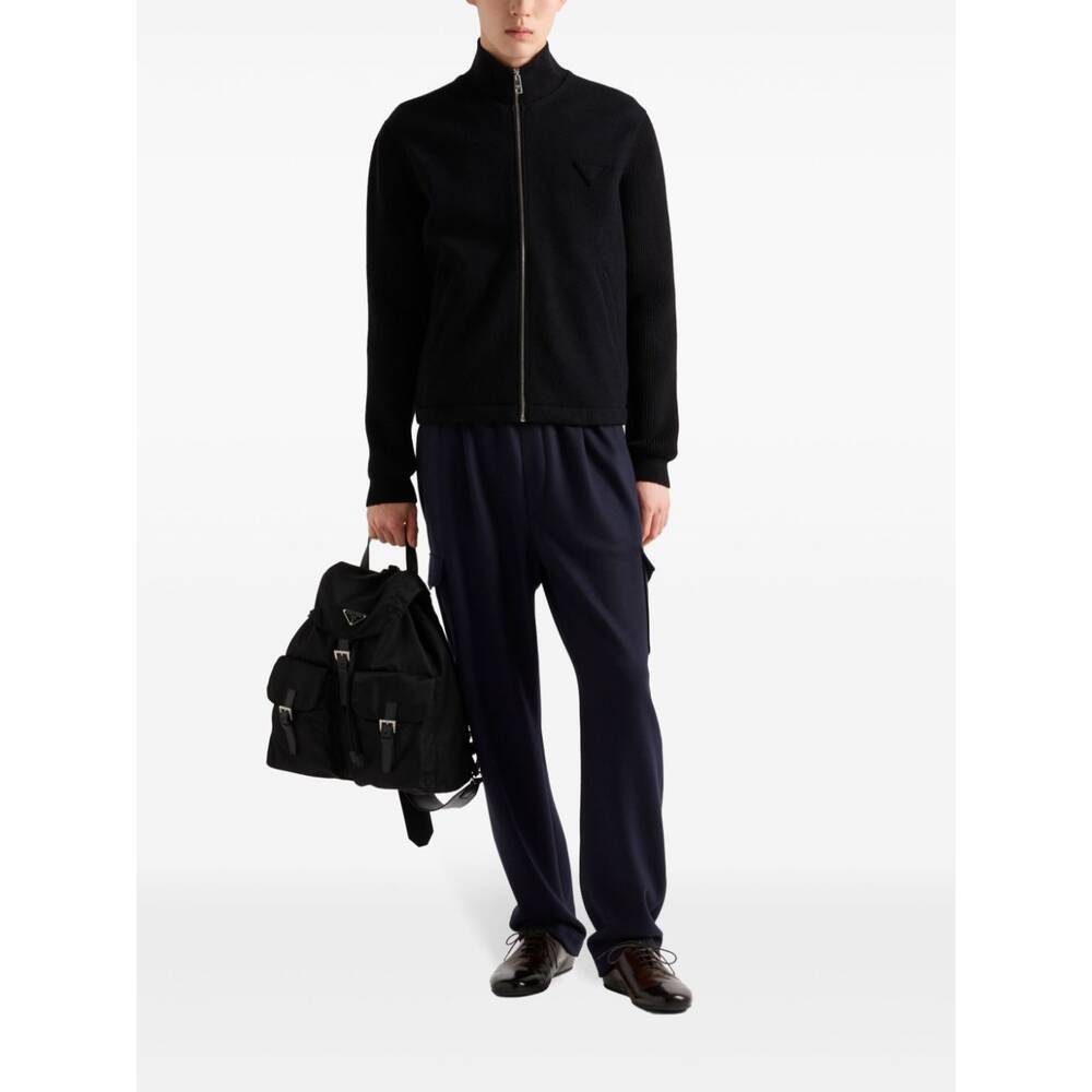 Prada Stretch Wool Blend Cardigan With Front Pockets In Black
