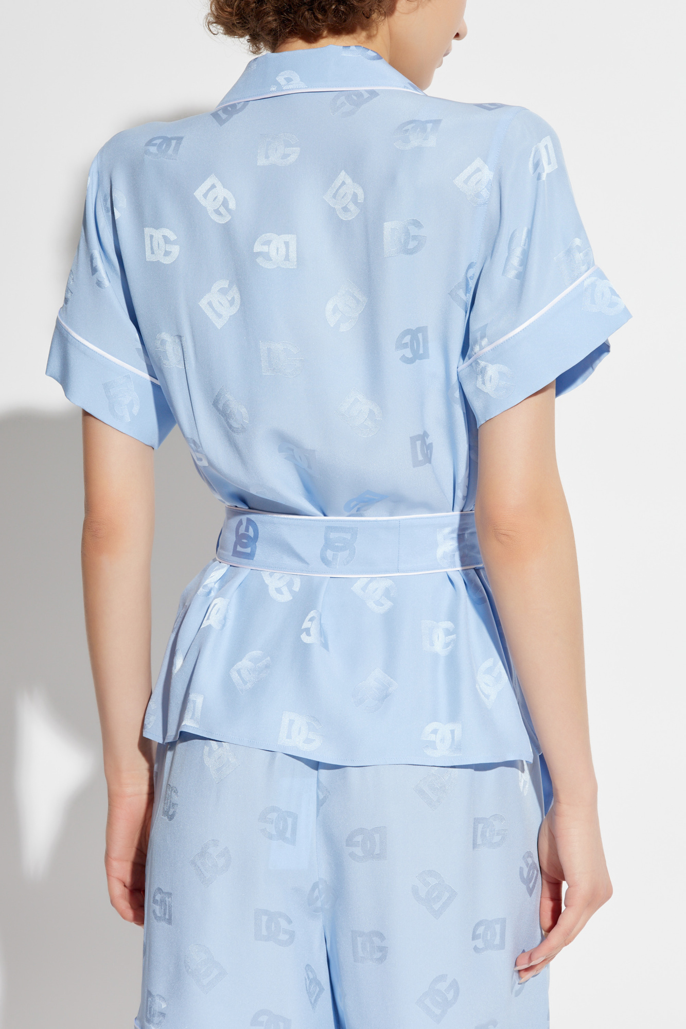 Dolce & Gabbana Short-sleeved Silk Satin Jacquard Pajama Shirt With Dg Logo In Blue