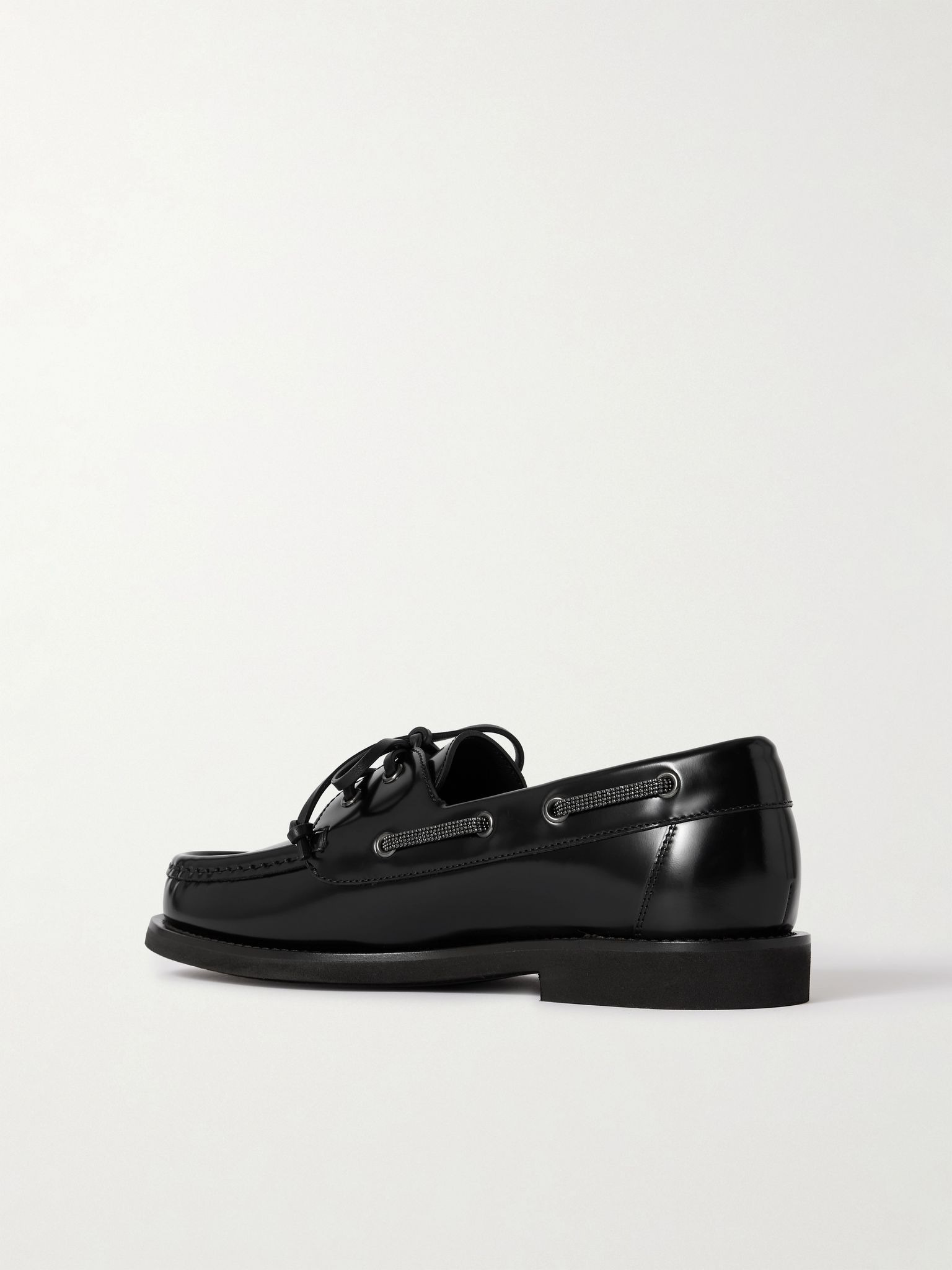 Brunello Cucinelli Embellished Polished-leather Boat Shoes In Black