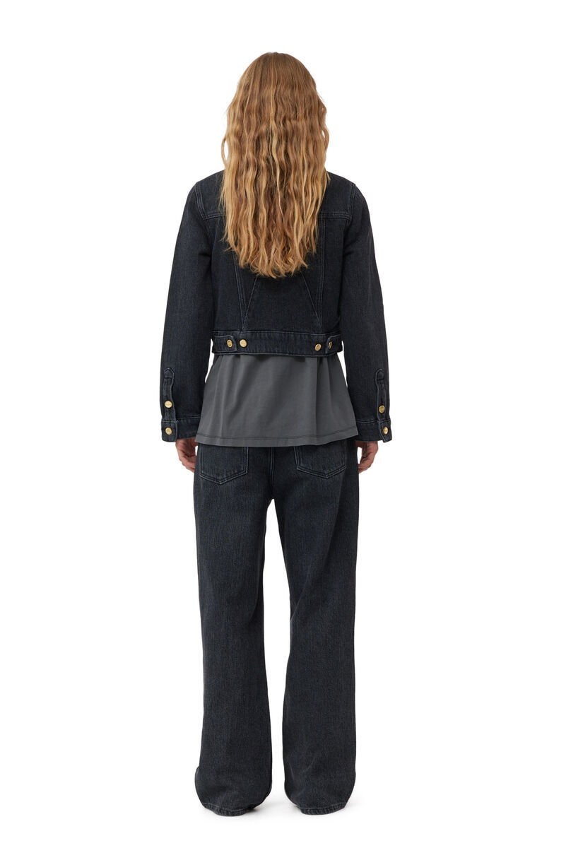 Shop Ganni Washed Black Heavy Cropped Denim Jacket