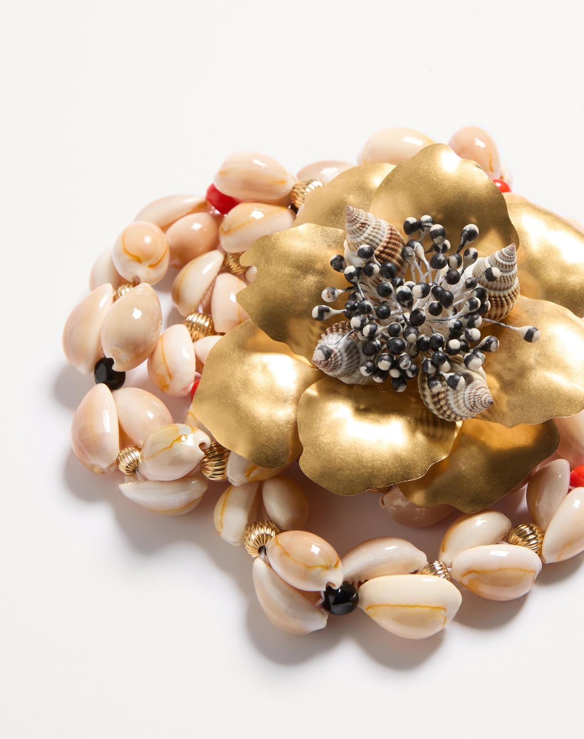 Valentino Garavani Jardin Aquatique Necklace In Metal Fabric Shells Coral And Onyx Woman Antique Bra In Gold