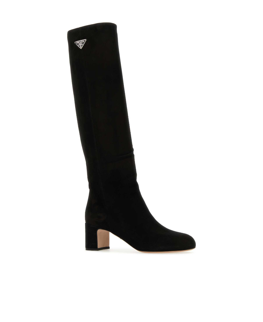 Prada Logo Plaque-detail Panelled Boots In Black