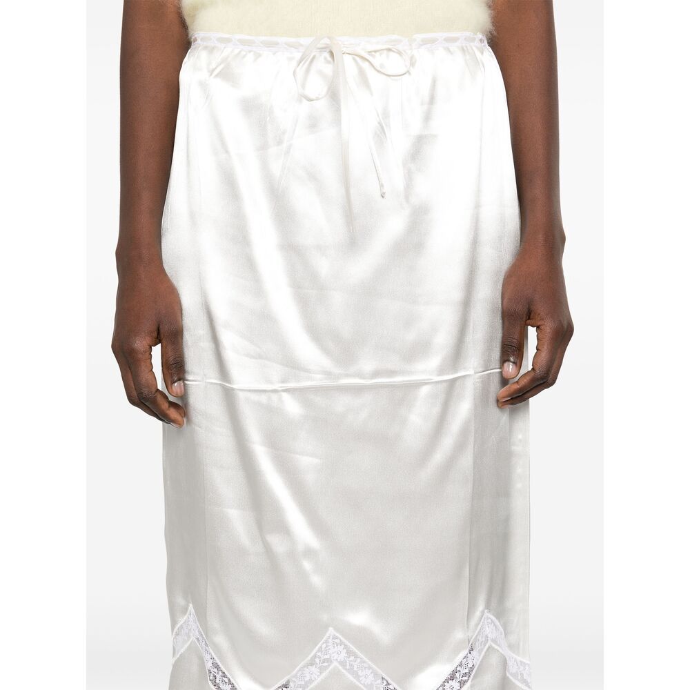 Prada Drawstring Lace Trim Satin Midi Skirt In White