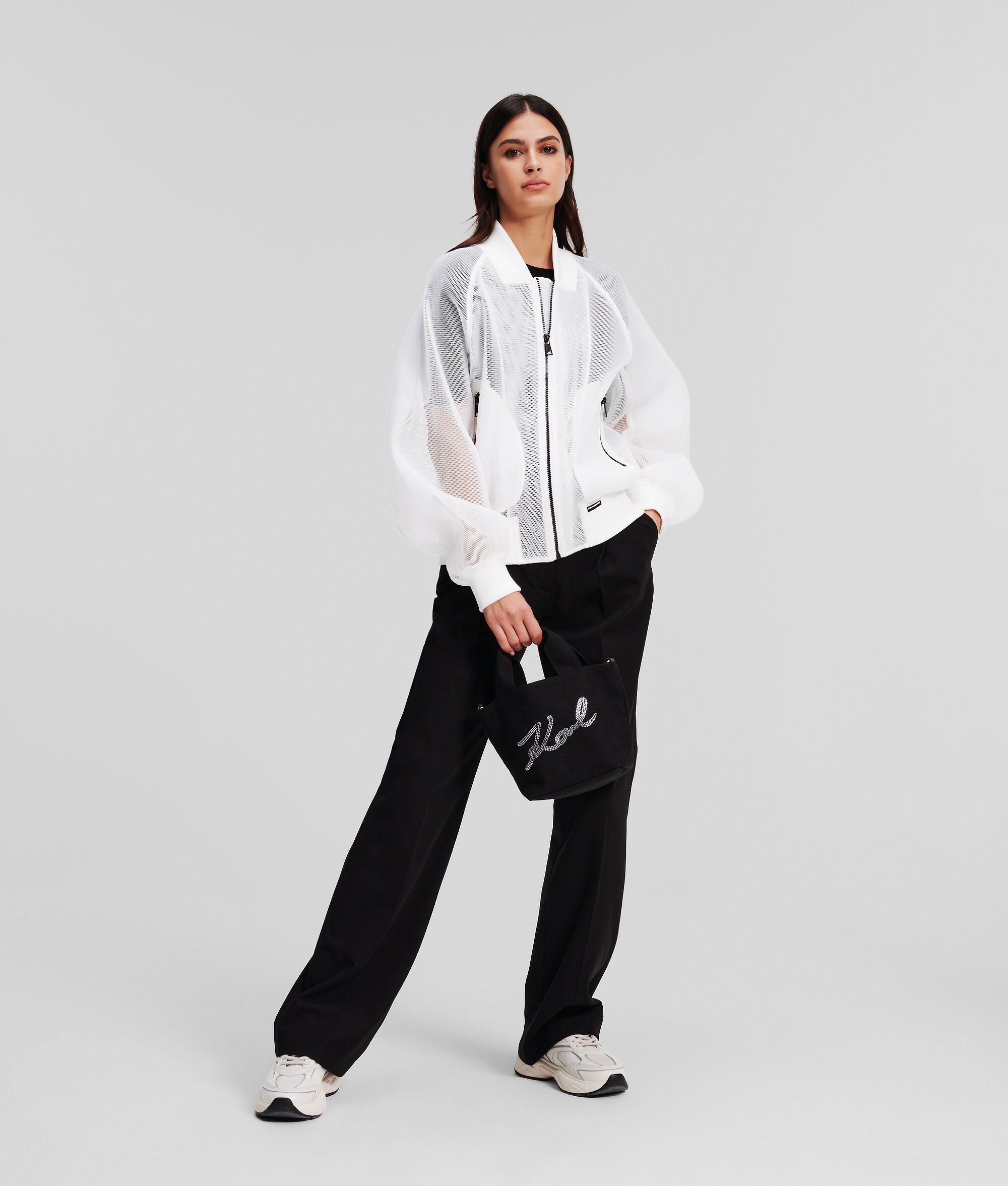 KARL LAGERFELD LOGO-EMBROIDERED MESH BOMBER JACKET