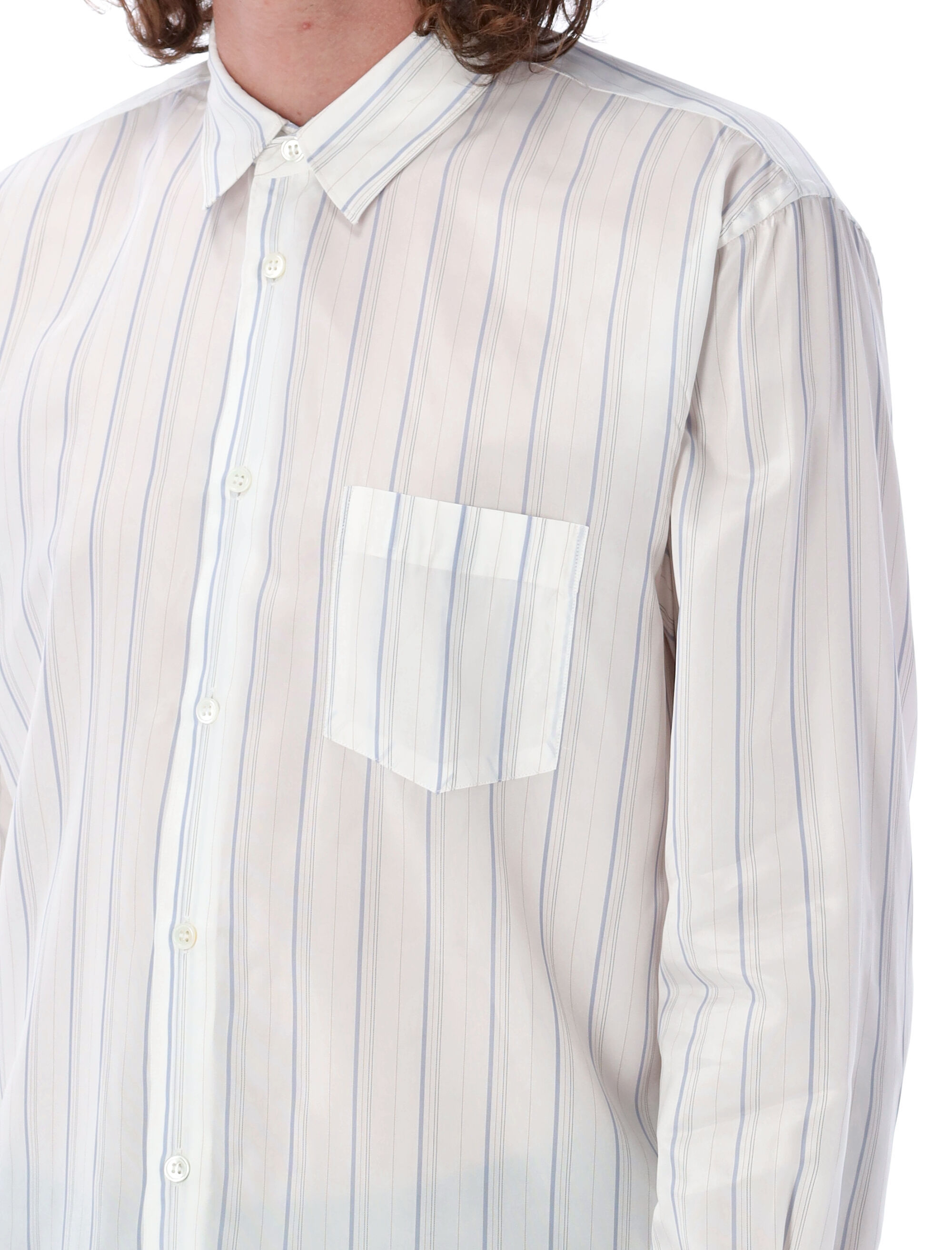 Comme Des Garçons Striped Shirt With Button-down Collar And Pocket In White