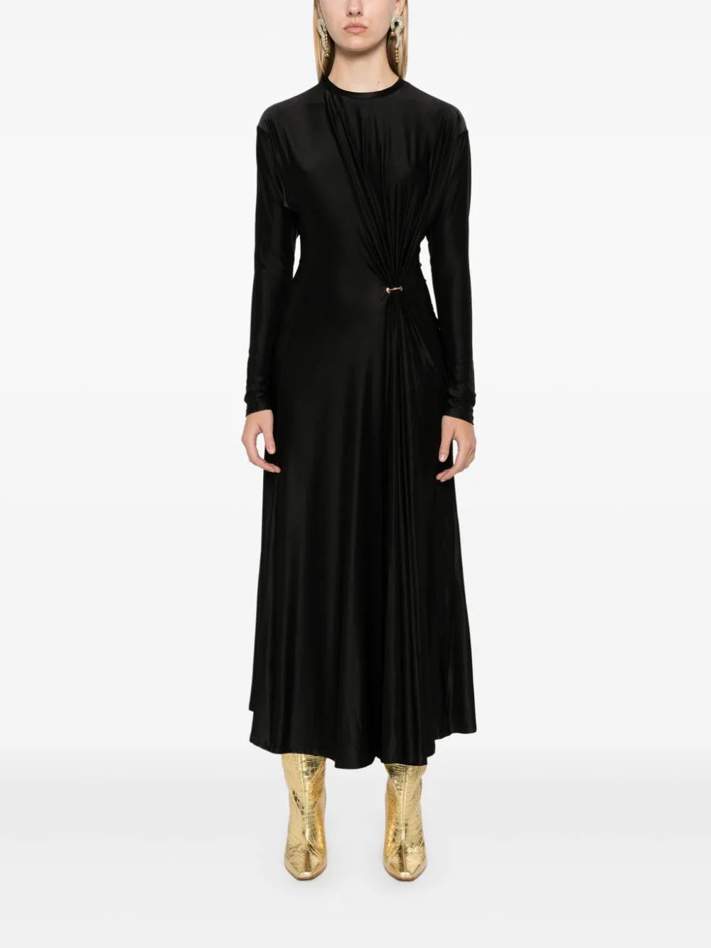 Rabanne Long-sleeve Gathered Midi Dress In Black In Black