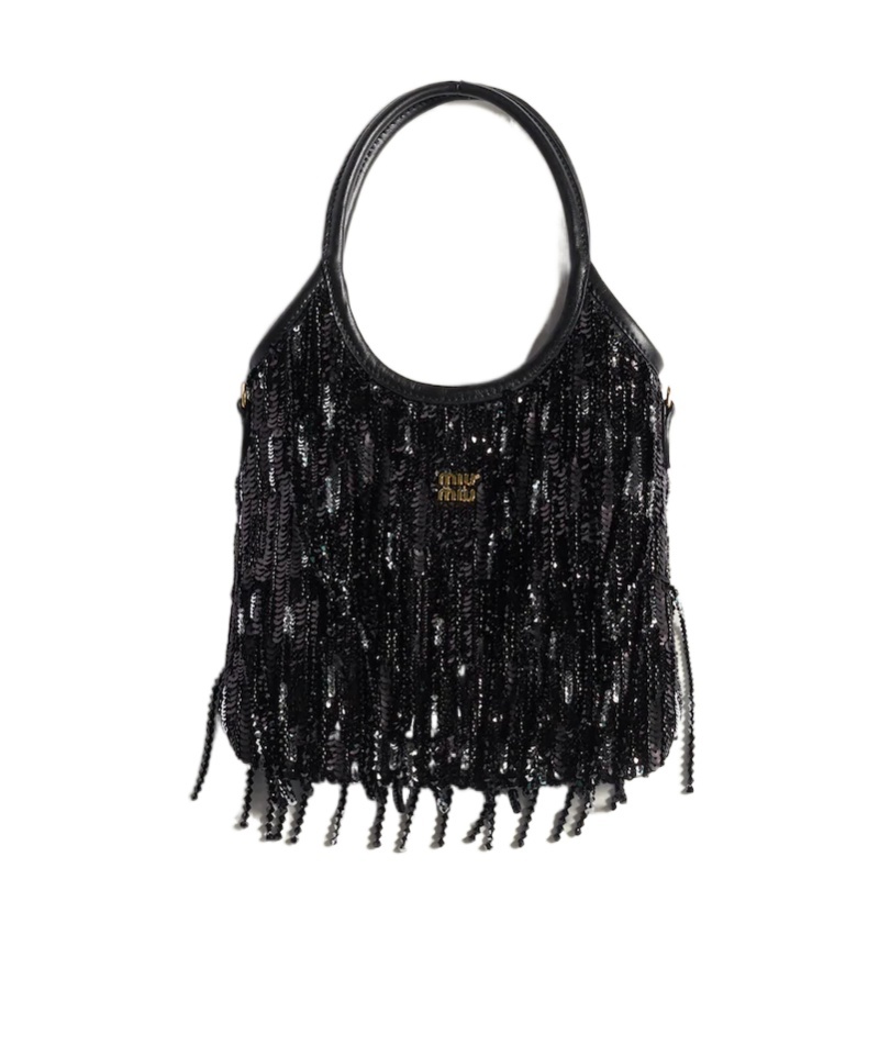 Miu Miu Ivy Satin Handbag With Crystal And Sequin Fringe In Black