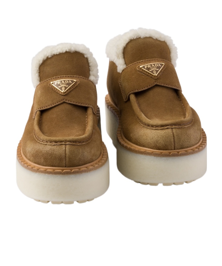 Prada Suede Shearling Flatform Loafers In Cinnamon