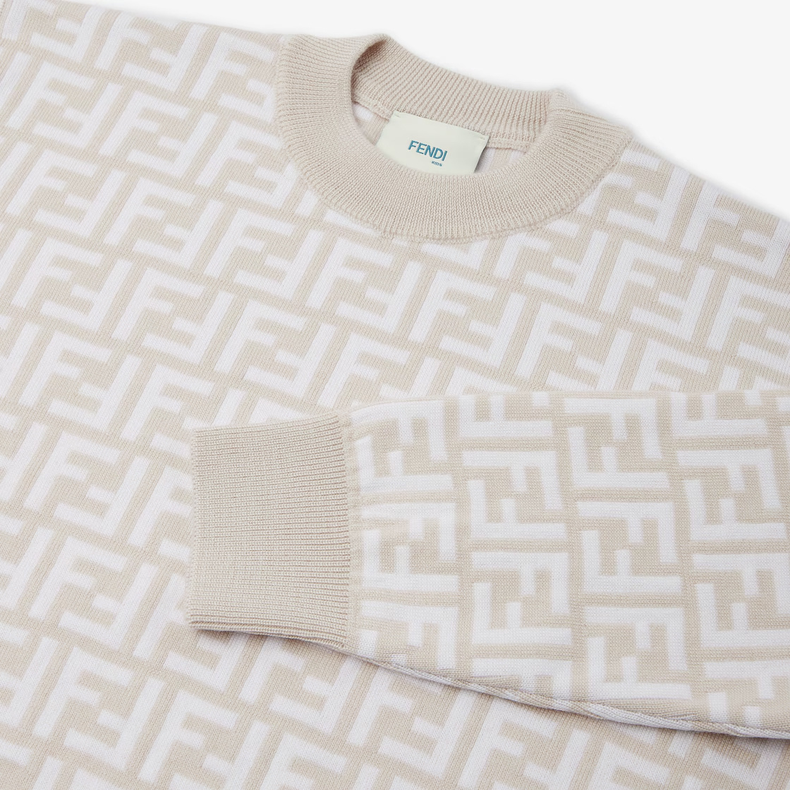 Fendi Beige And Cream Wool Blend Junior Crew-neck Sweater In White