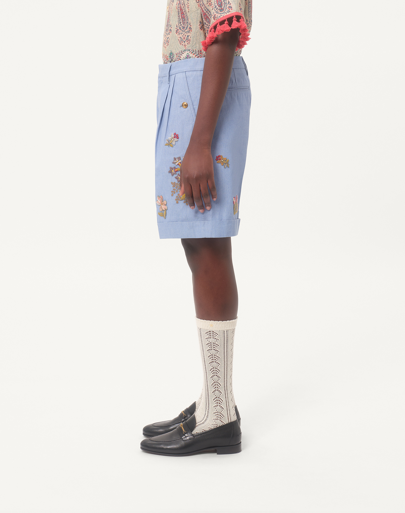 Valentino Denim Embroidered Tailored Shorts In Blue