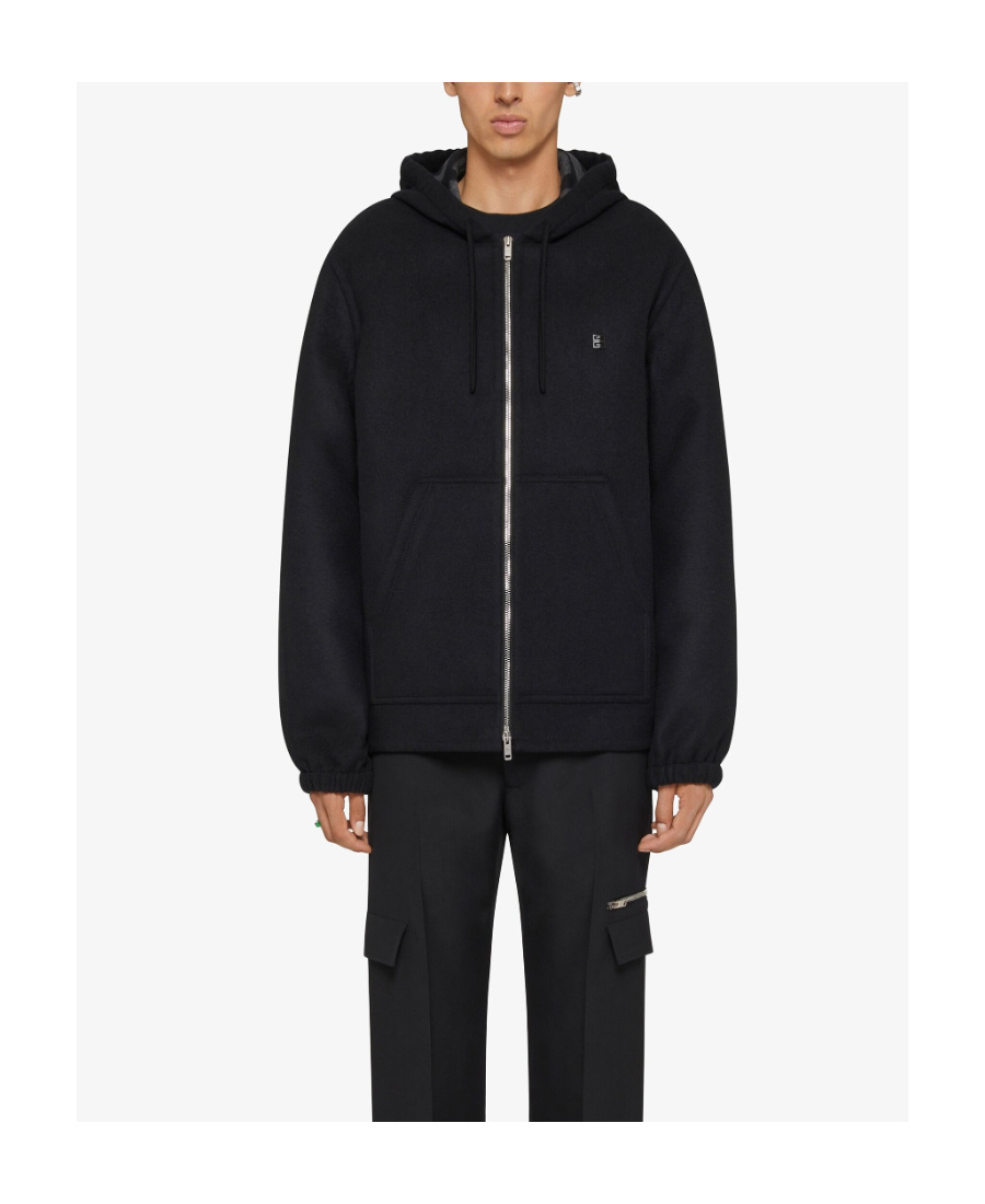 Givenchy Black Zip-up Hoodie With Logo Detail In Wool Man In Black