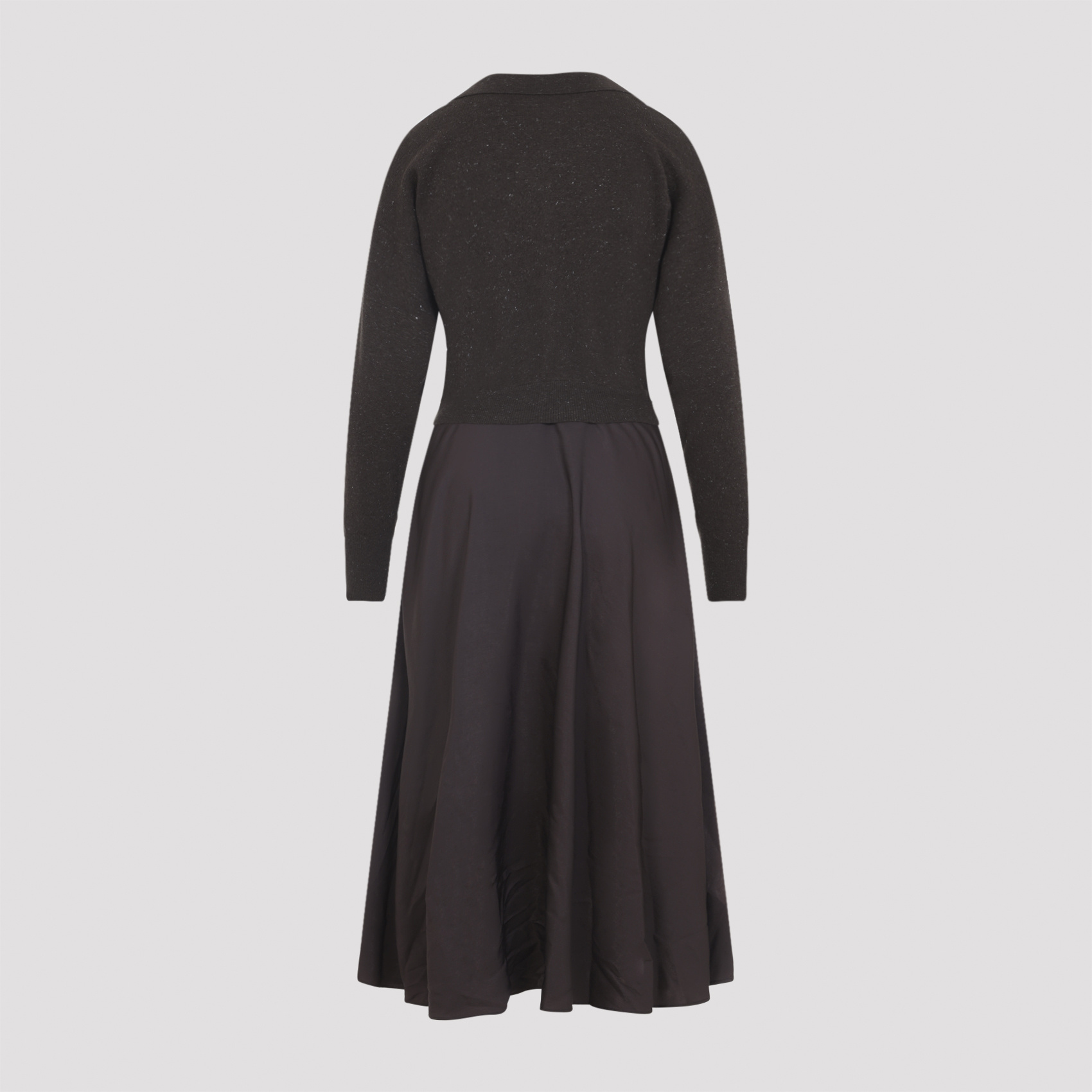 Peserico Ebony Brown Two-fabric Midi Dress With Pointed Collar In Black