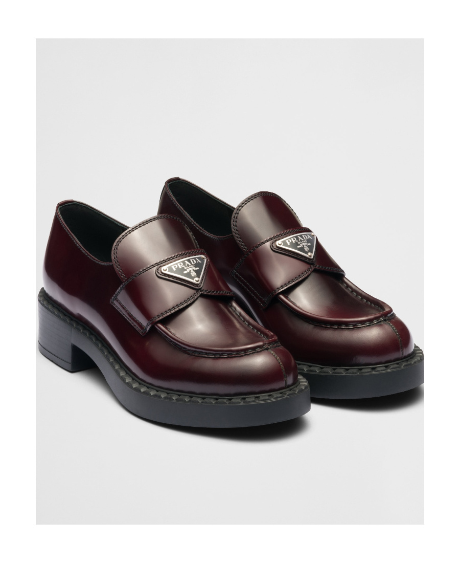 Prada Chocolate Cognac Brushed Leather Moccasin Women In Brown