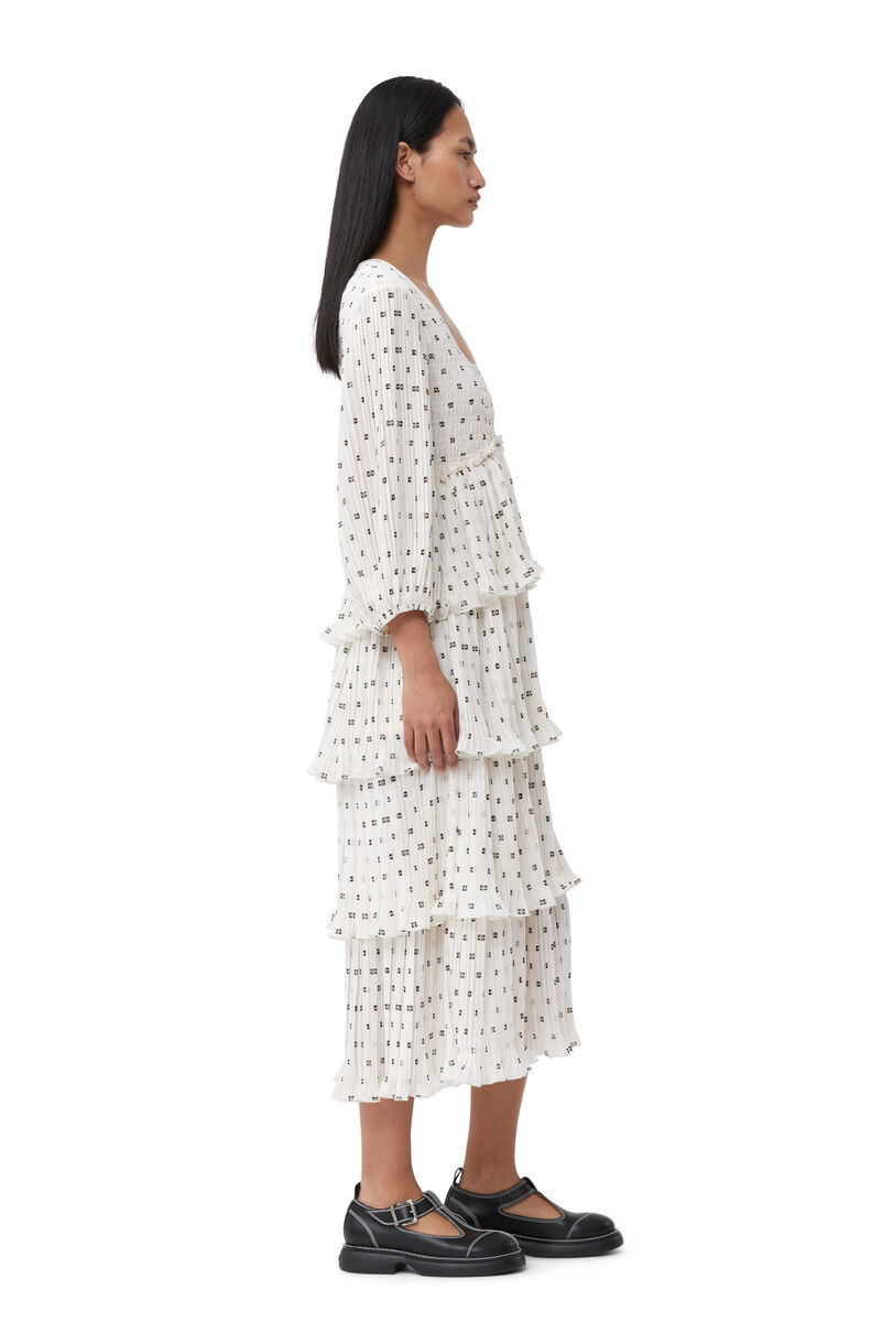 Ganni Monogram-print Pleated Midi Dress In White