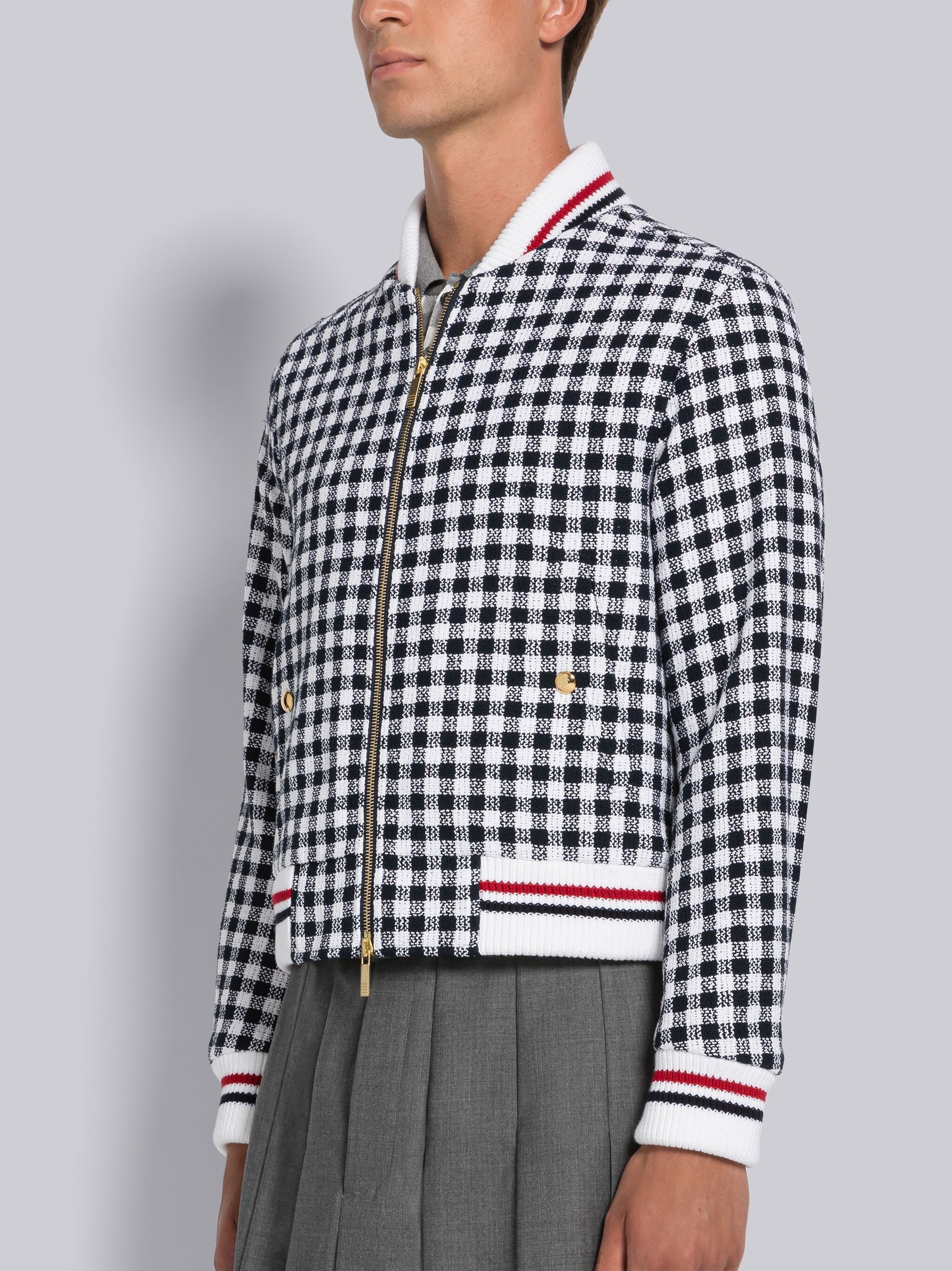 Thom Browne Gingham-check Bomber Jacket In Gray
