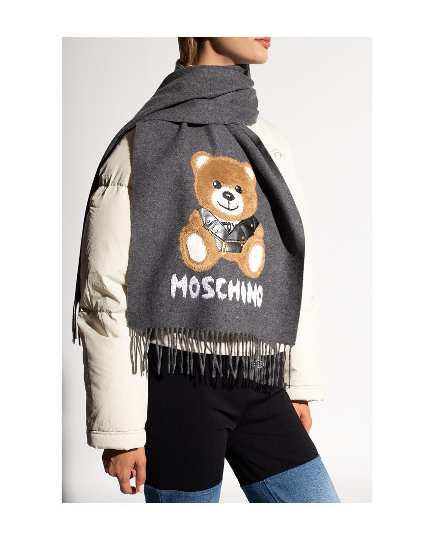 Moschino Brushed Logo-print Fringed Scarf In Black